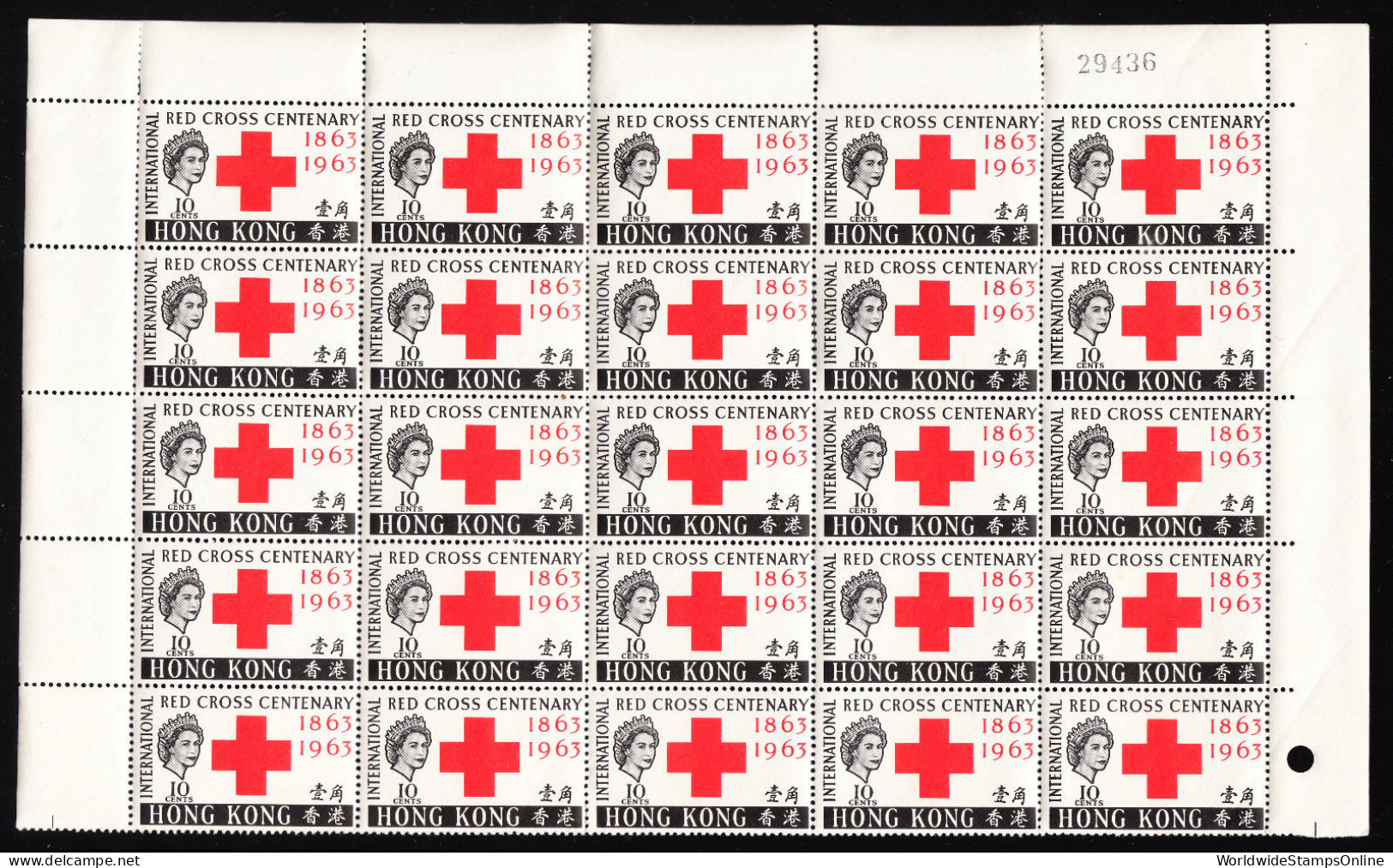 HONG KONG — SCOTT 219 (SG 212) — 1963 10¢ RED CROSS — BLK/25 — MNH — SCV $112.50 - Nuevos