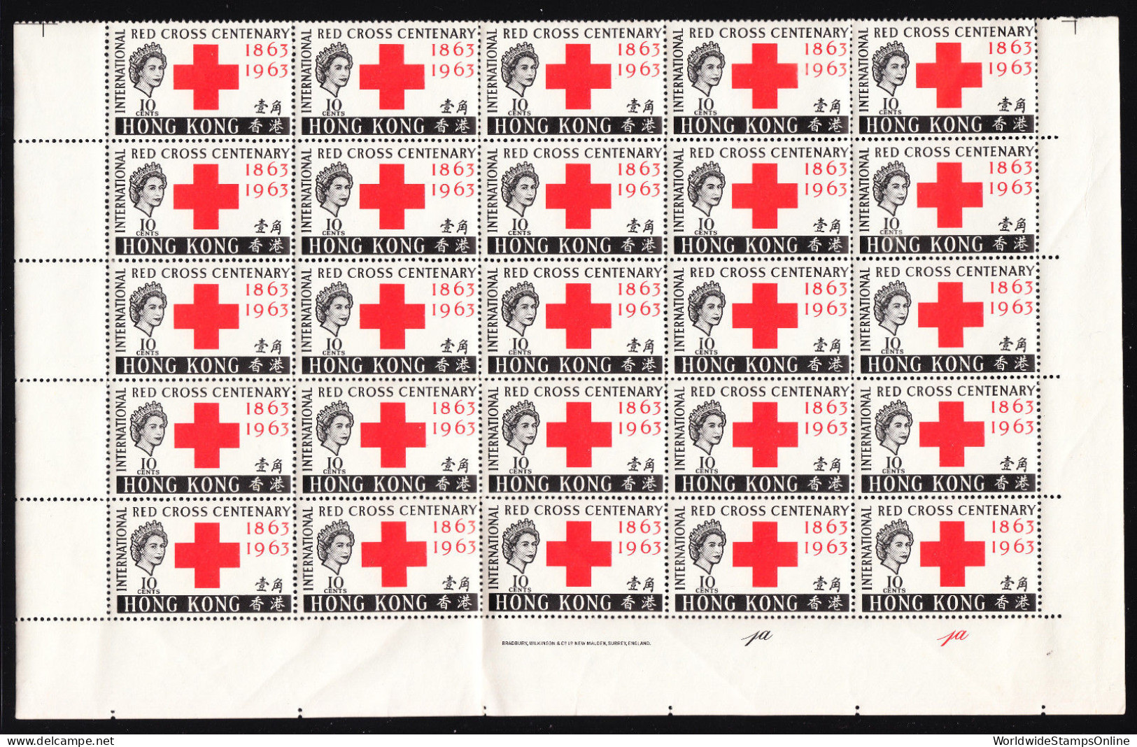 HONG KONG — SCOTT 219 (SG 212) — 1963 10¢ RED CROSS — BLK/25 — MNH — SCV $112.50 - Ongebruikt