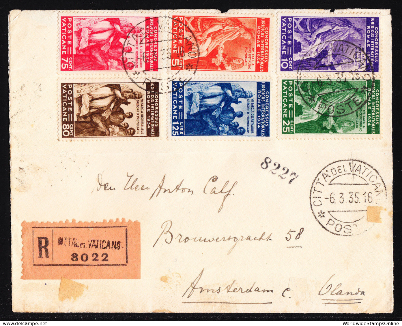VATICAN CITY — SCOTT 41-46 —1933 INT. JUR. CONGRESS SET—USED ON COVER —SCV $199+ - Lettres & Documents