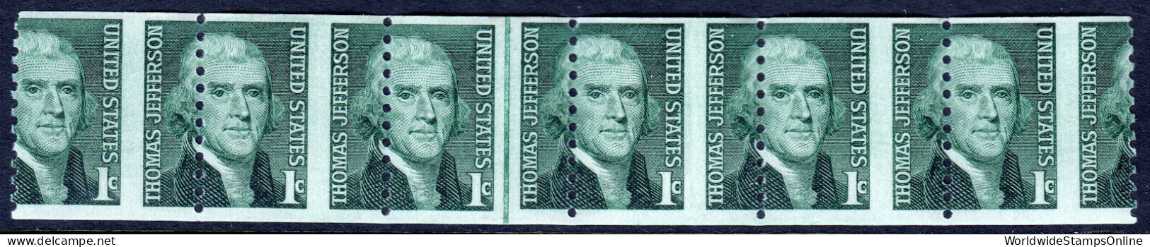 USA — SCOTT 1299 — 1¢ JEFFERSON COIL — LINE STRIP OF 6 - Errors, Freaks & Oddities (EFOs)