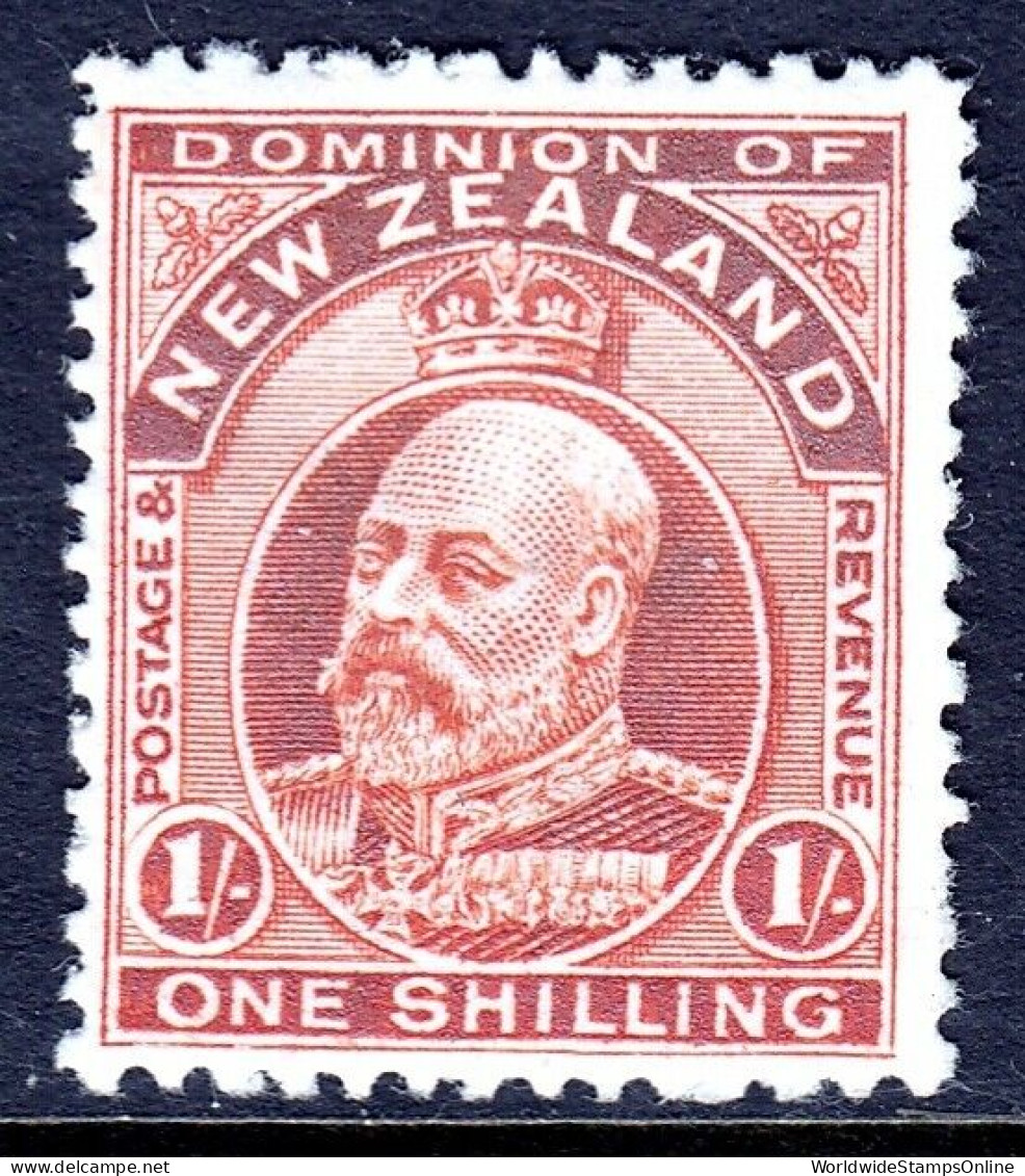 NEW ZEALAND — SCOTT 139 (SG 394)— 1910 1/- KEVII VERMILION — MH —SCV $75.00 - Oblitérés