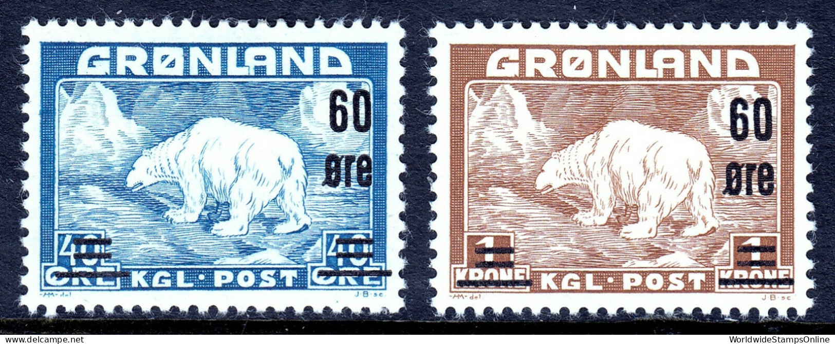 GREENLAND — SCOTT 39-40 — 1956 POLAR BEAR SURCHARGE SET — MH — VF-XF — SCV $76 - Unused Stamps