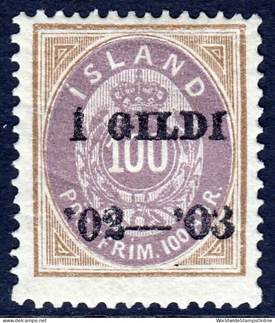 ICELAND — SCOTT 68 — 1902-03 100a BRN./VIOL. Í GILDI OVPT P14X13½ — MH — SCV $55 - Neufs