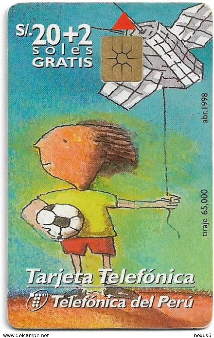 Peru - Telefónica - Drawings, Boy With Kite, Gem1B Not Symmetr. White/Gold, 04.1998, 20+2Sol, 65.000ex, Used - Pérou