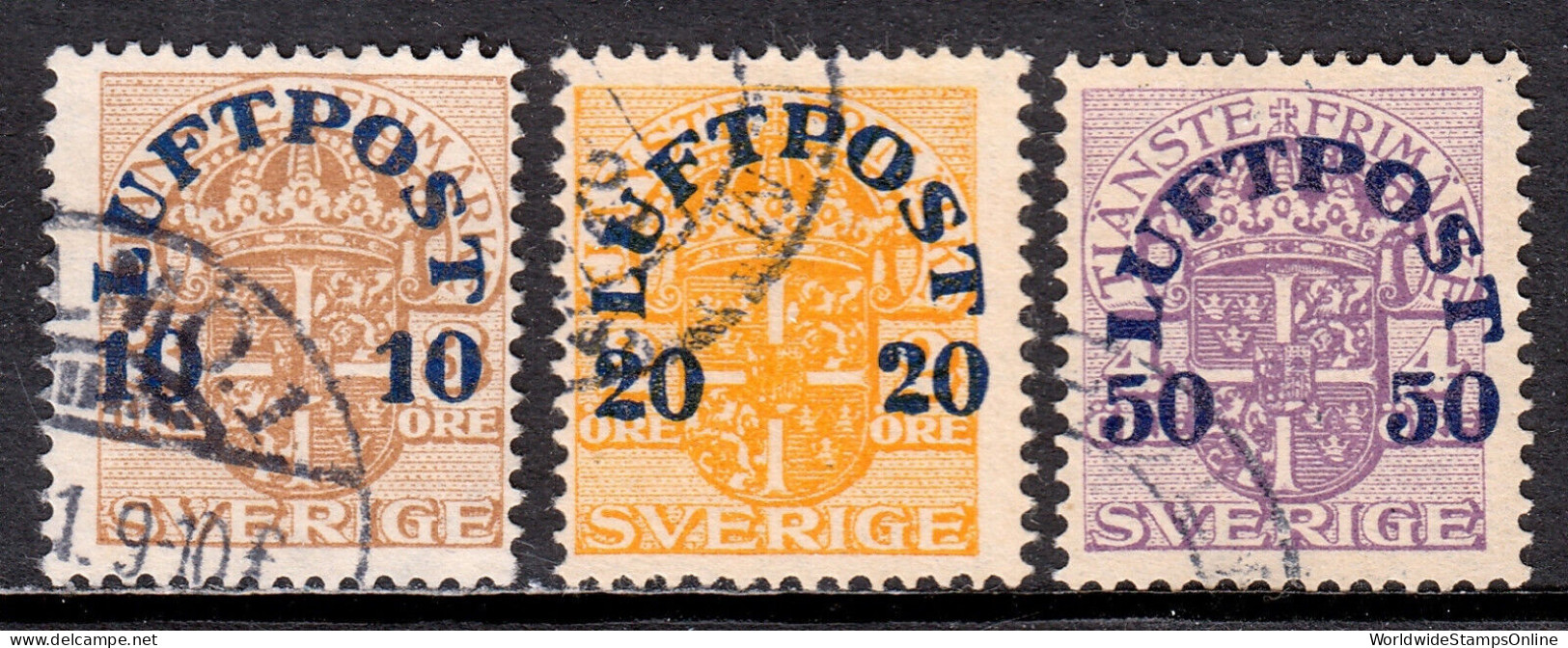 SWEDEN — SCOTT C1-C3 — 1920 LUFTPOST OVERPRINT SET — USED — SCV $43 - Oblitérés