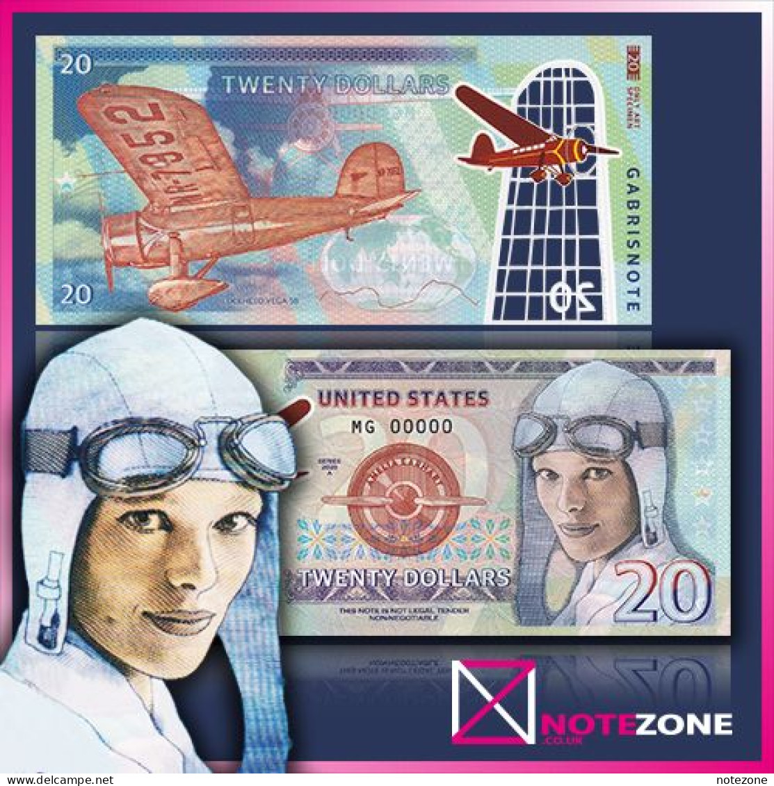 Matej Gabris $20 Amelia Earhart USA Banknote Private Fantasy Test - Colecciones Lotes Mixtos