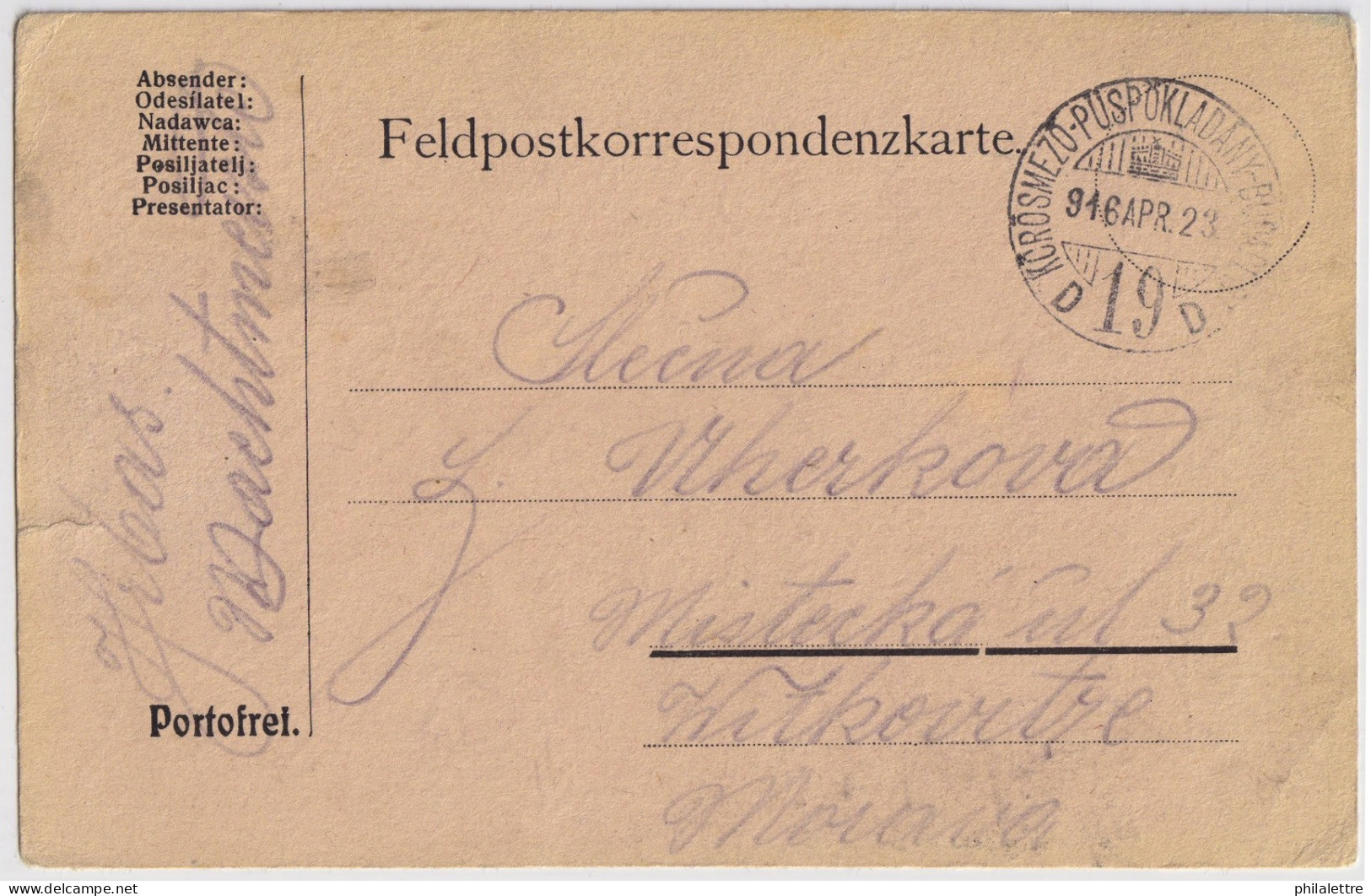 HONGRIE / HUNGARY - 1916 Feldpost Card Cancelled TPO "KŐRÖSMEZŐ-PÜSPÖKLADÁNY-BUDAPEST / D 19 D" To Moravia - Briefe U. Dokumente