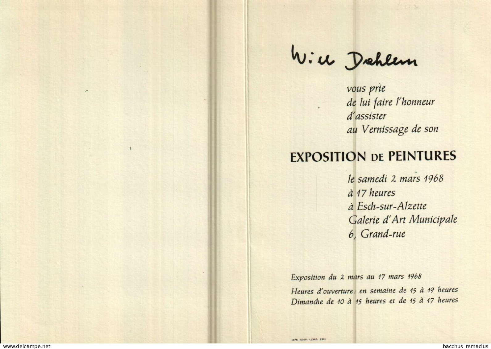 WILTZ Will Dahlem, Artiste-Peintre (Signature Originale)Invitation Au Vernissage De Son Exposition De Peintures 2.3.1968 - Wiltz