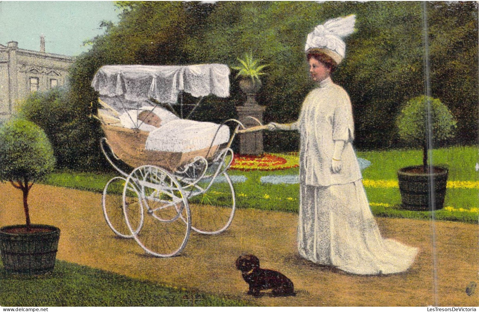 Illustration - Mère Avec Son Bébé Dans Sa Poussette - Chien - Parc - Végétation - Carte Postale Ancienne - Non Classés