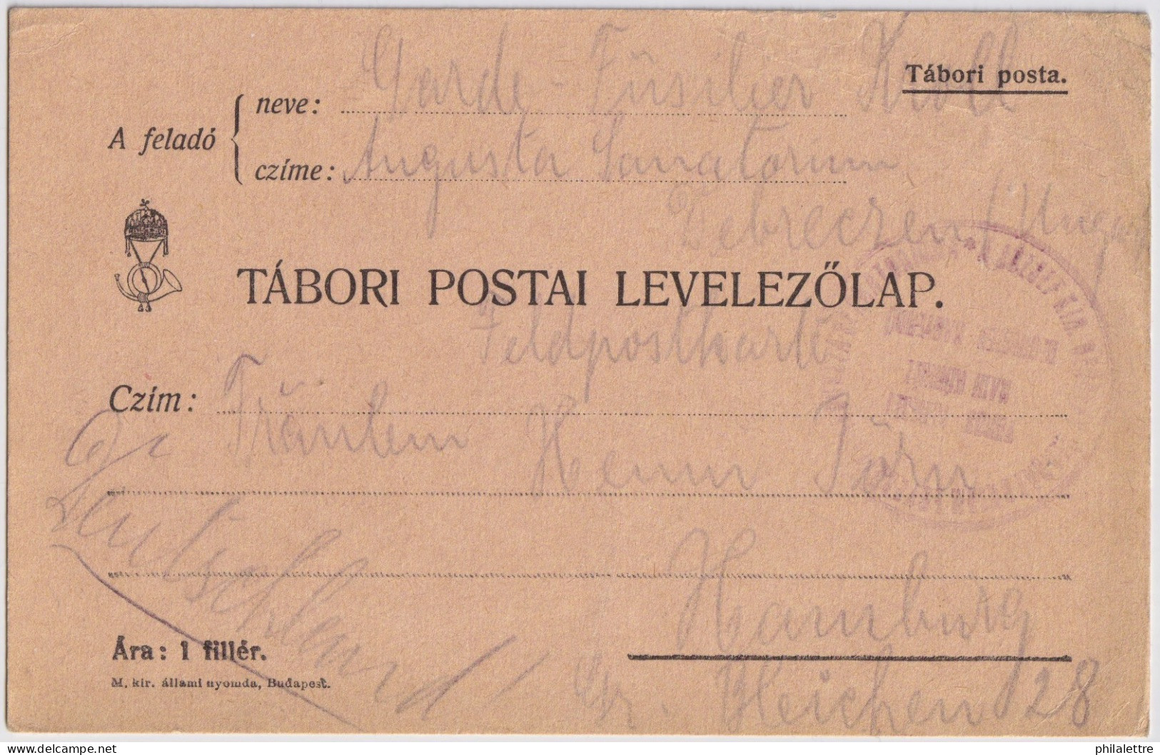 HONGRIE / HUNGARY - 1915 Feldpost Card From The RED CROSS MILITARY HOSPITAL In DEBRECZEN NAGYERDÓ To Hamburg - Brieven En Documenten