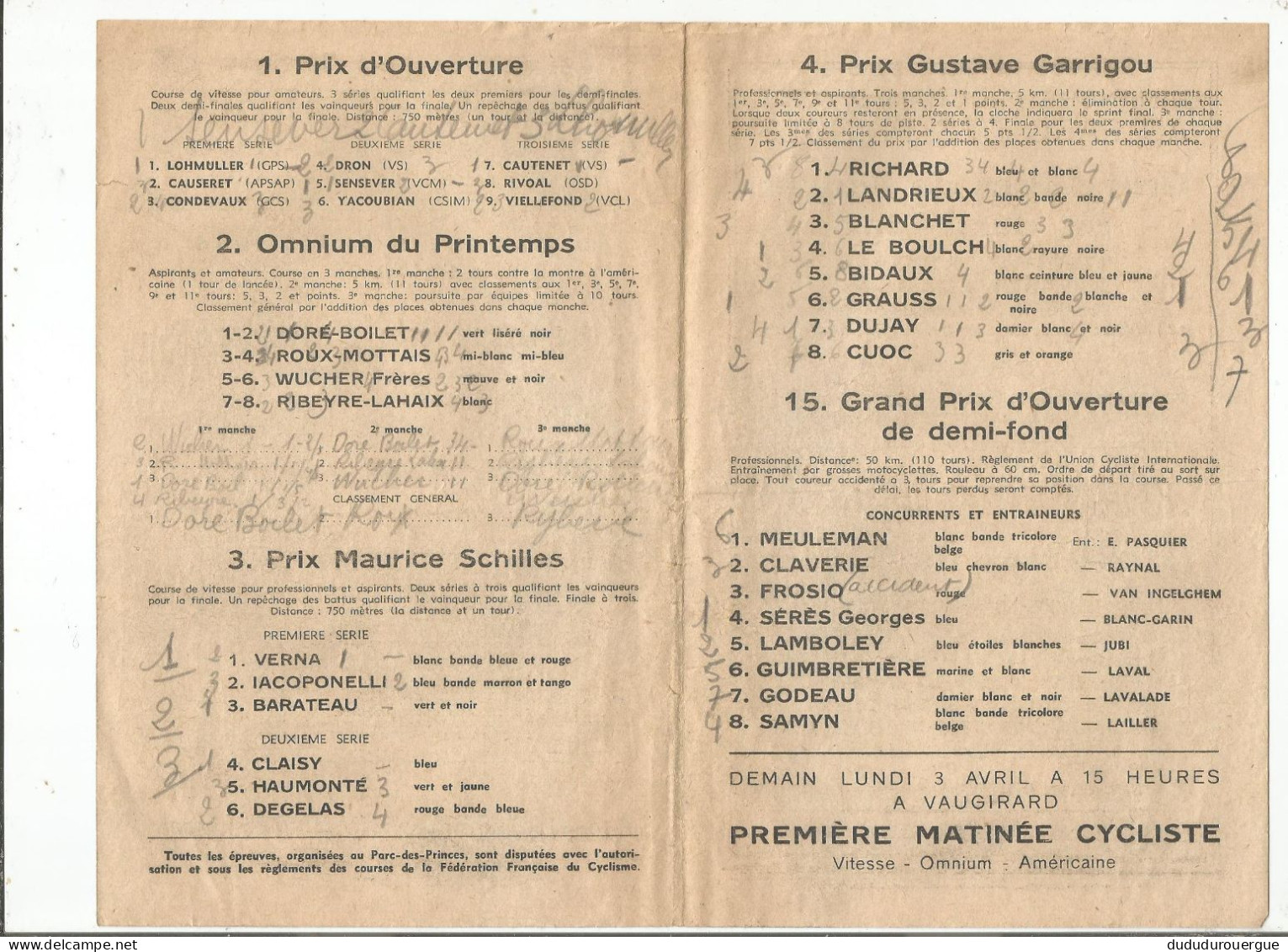 CYCLISME : LE PARC DES PRINCES  : DIMANCHE 2 AVRIL 1944 : LE PROGRAMME , - Programmes