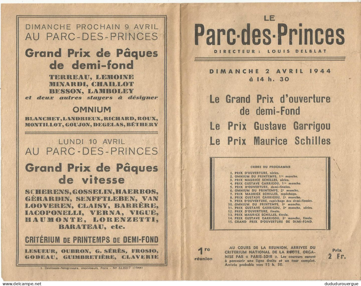 CYCLISME : LE PARC DES PRINCES  : DIMANCHE 2 AVRIL 1944 : LE PROGRAMME , - Programmes