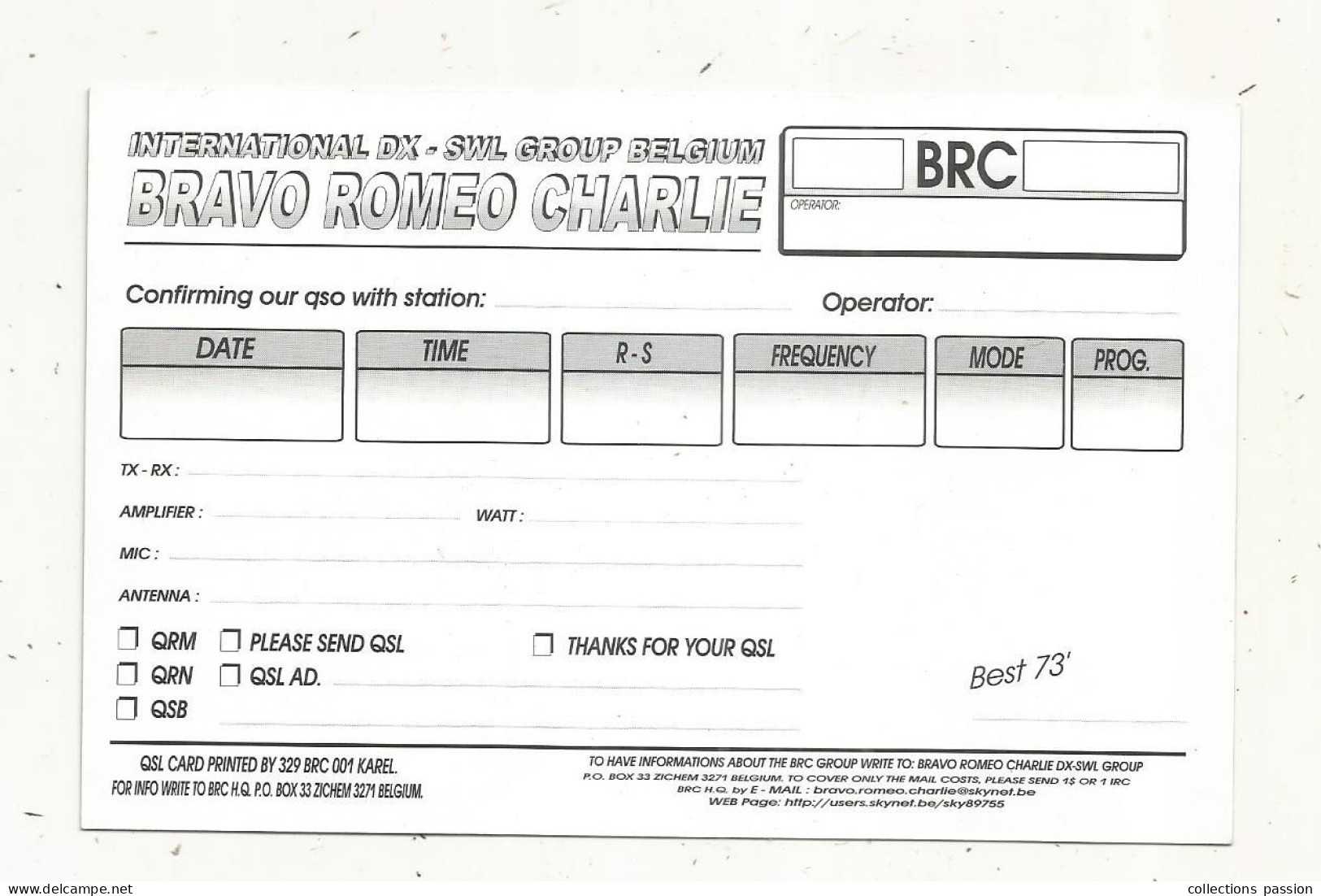 Cp , Carte QSL,  BRAVO ROMEO CHARLIE, International DX - SWL Group Belgium, Dauphins, 2 Scans - Radio Amateur