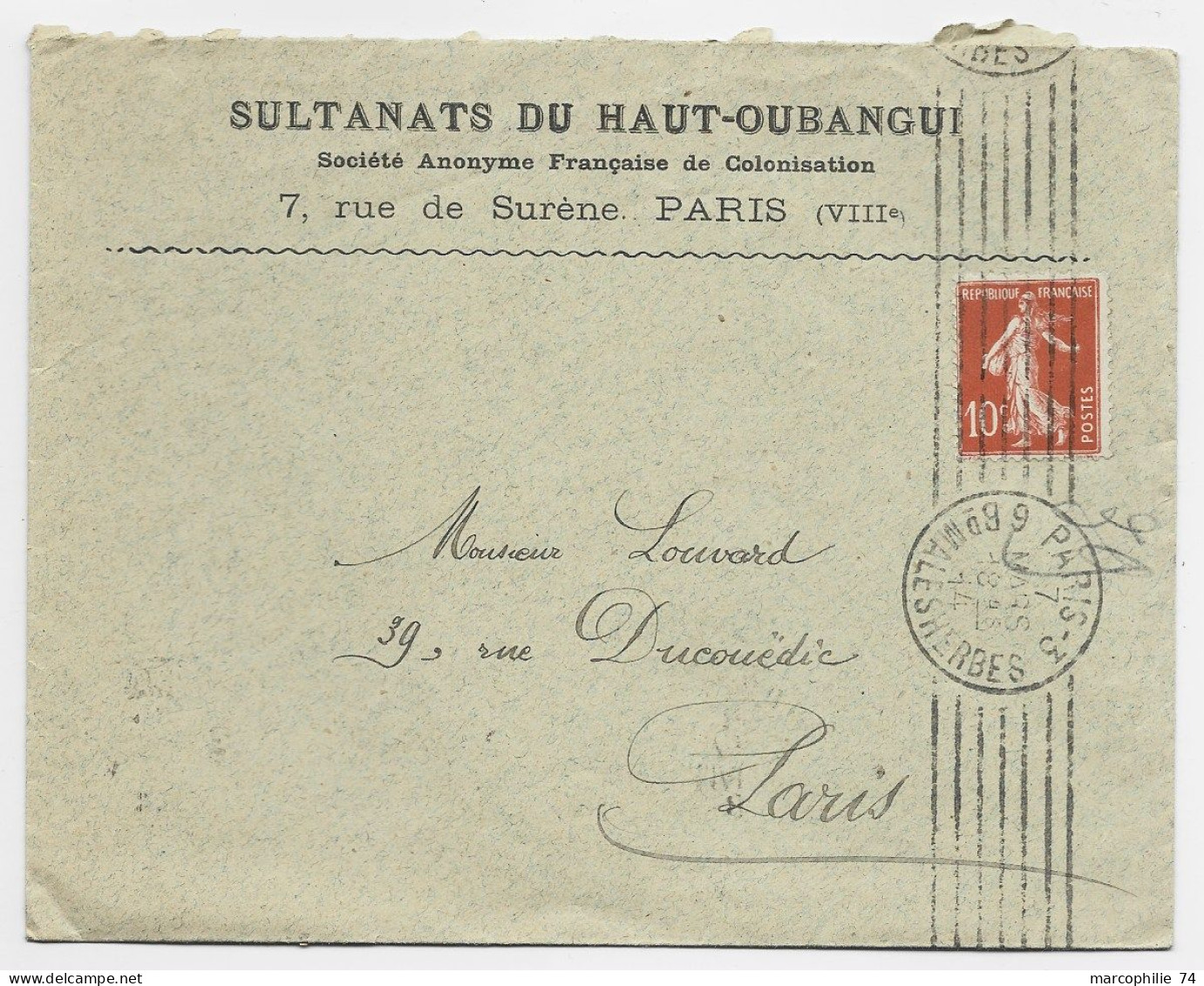 FRANCE SEMEUSE 10C LETTRE COVER ENTETE SULTANATS DU HAUT OUBANGUI PARIS VIIIE 1914 - Covers & Documents