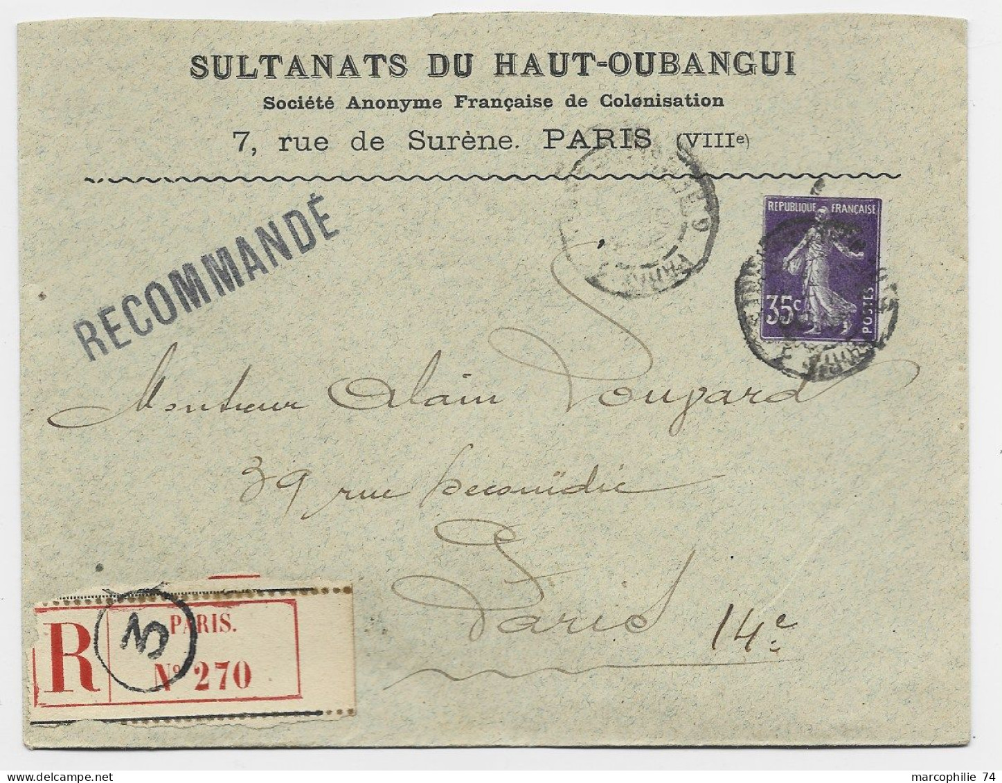 FRANCE SEMEUSE 35C LETTRE REC COVER ENTETE SULTANATS DU HAUT OUBANGUI PARIS VIIIE 1914 - Lettres & Documents