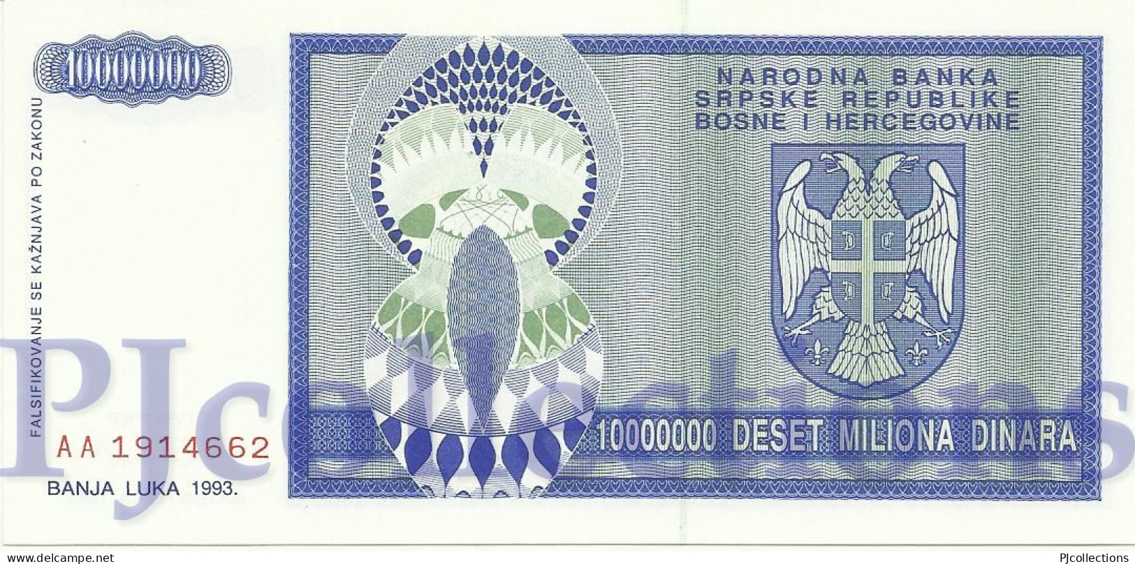BOSNIA HERZEGOVINA 10 MILLION DINARA 1993 PICK 144a UNC - Bosnie-Herzegovine