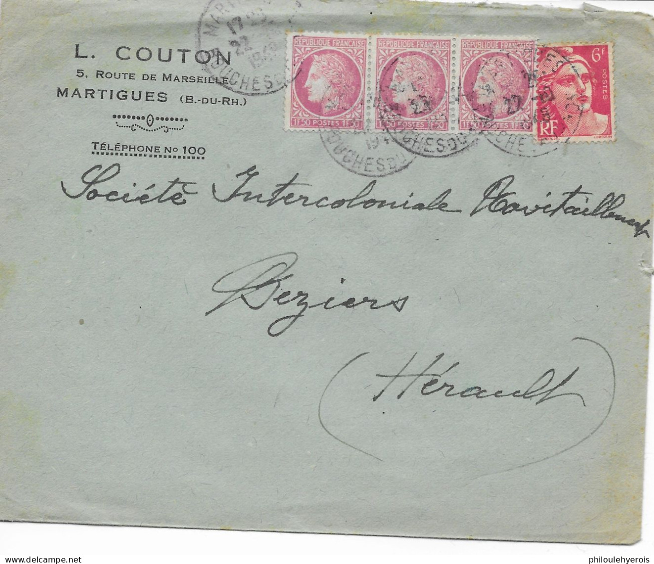 MARTIGUES (13) L. Couton  1948  Pour BEZIERS (34) Sté Intercoloniale Ravitaillement - Non Classés