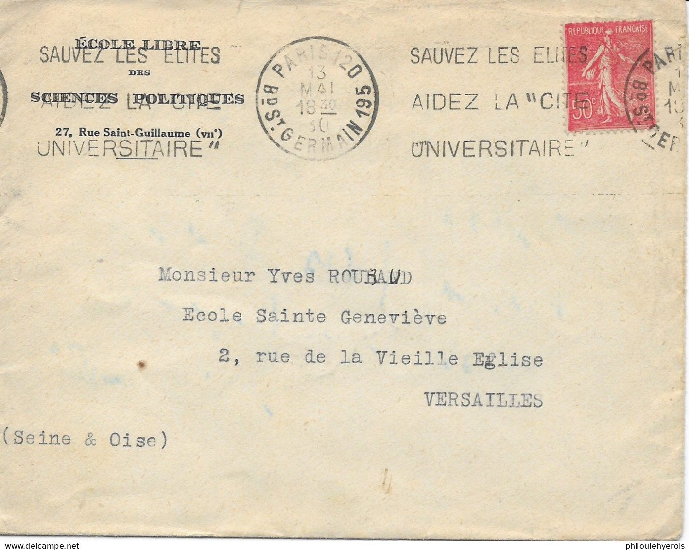 PARIS (75) école Libre Des Sciences Politiques 1930 Pour VERSAILLES (78) école Ste Geneviève - Non Classés