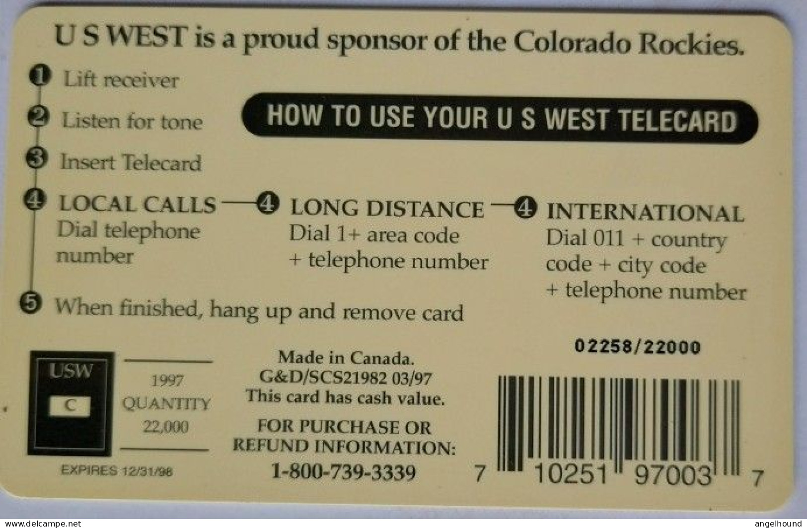 USA US West $1 Complimentary " Colorado Rockies " - Cartes à Puce