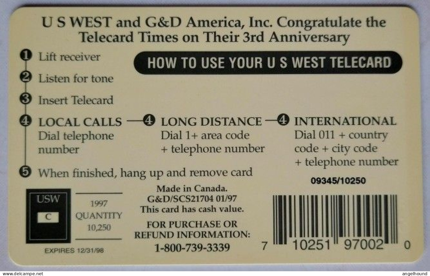 USA US West $1 Cimplimentary " Telecard Times 3rd , Red Text " - Cartes à Puce