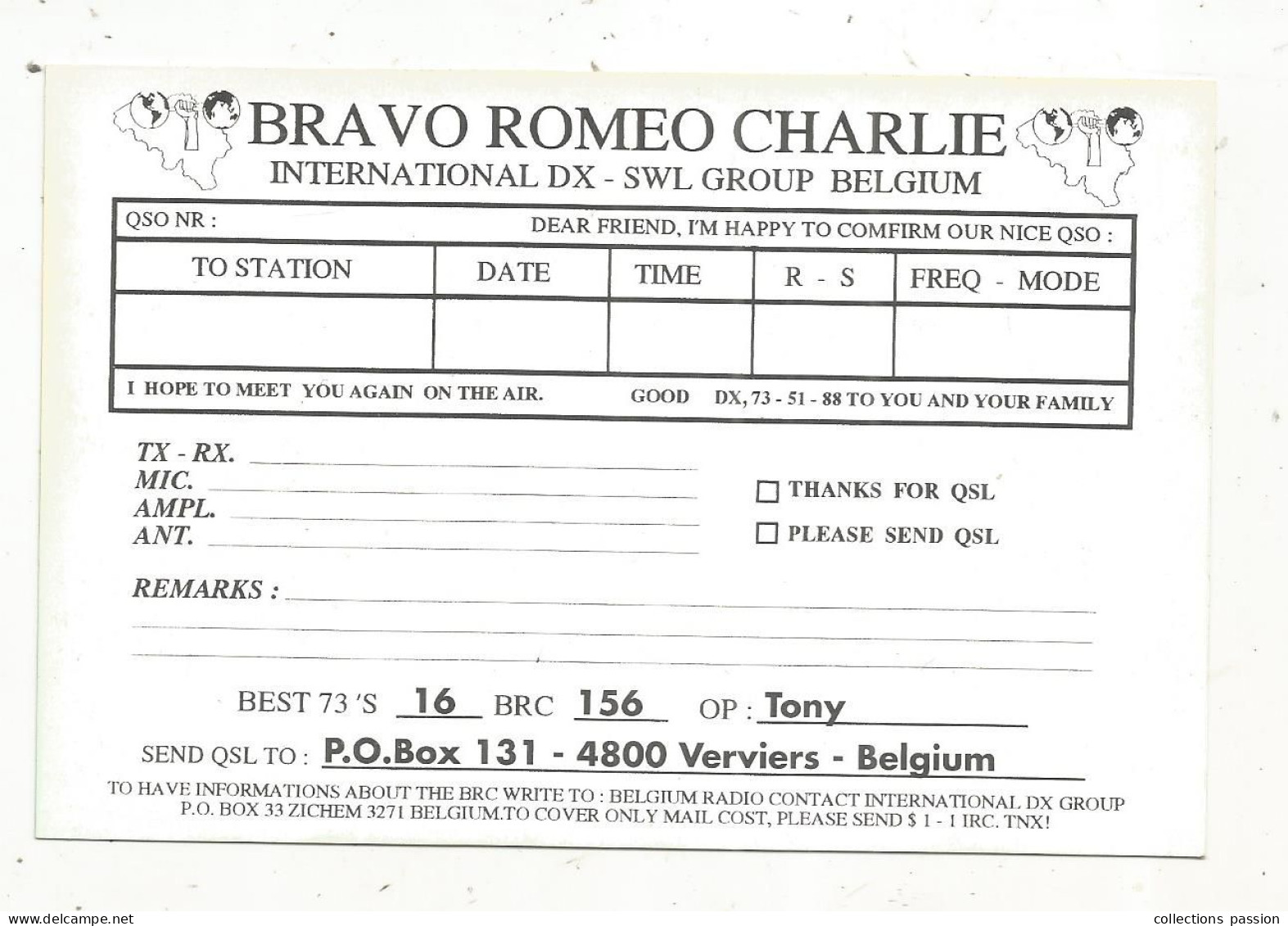 Cp , Carte QSL,  BRAVO ROMEO CHARLIE, International DX - SWL Group Belgium, Lion ,LIEGE, 2 Scans - Radio Amatoriale