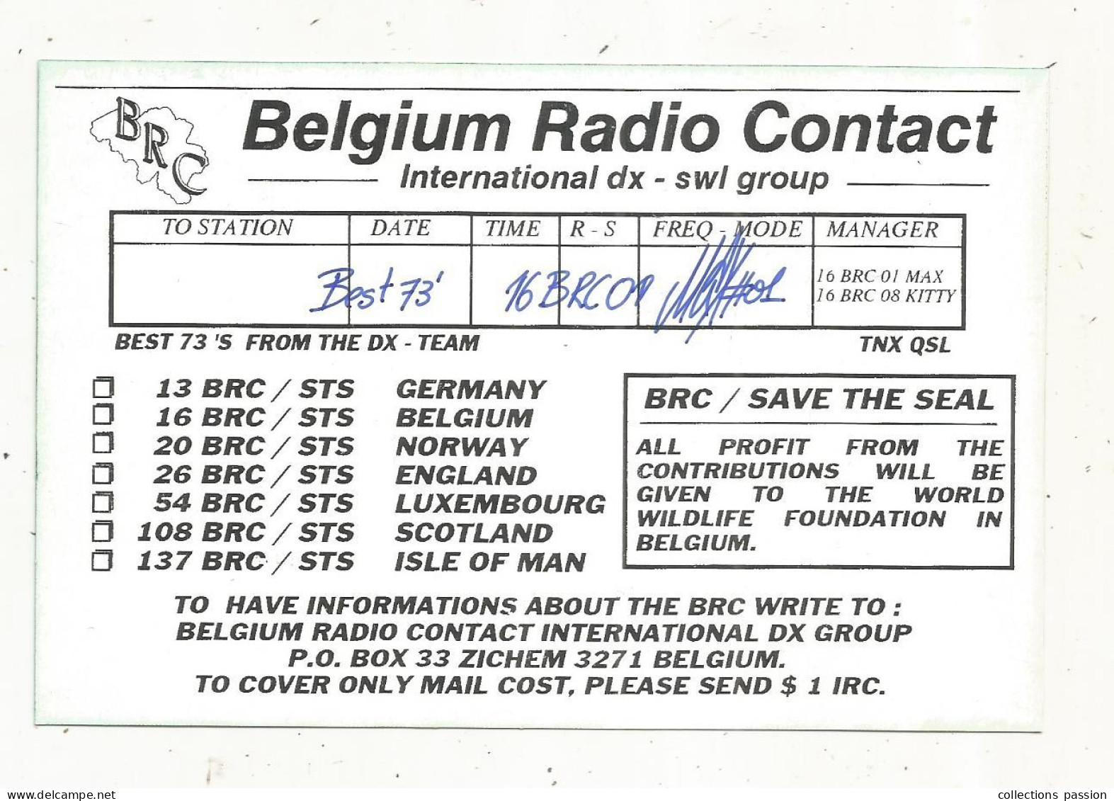 Cp , Carte QSL,  BRAVO ROMEO CHARLIE, International DX - SWL Group Belgium, PHOQUE, 2 Scans - Radio Amatoriale