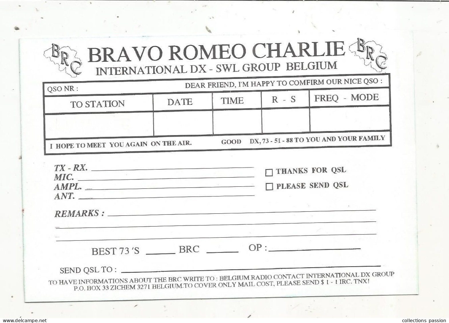 Cp , Carte QSL,  BRAVO ROMEO CHARLIE, International DX - SWL Group Belgium, Pingouins, 2 Scans - Radio Amatoriale