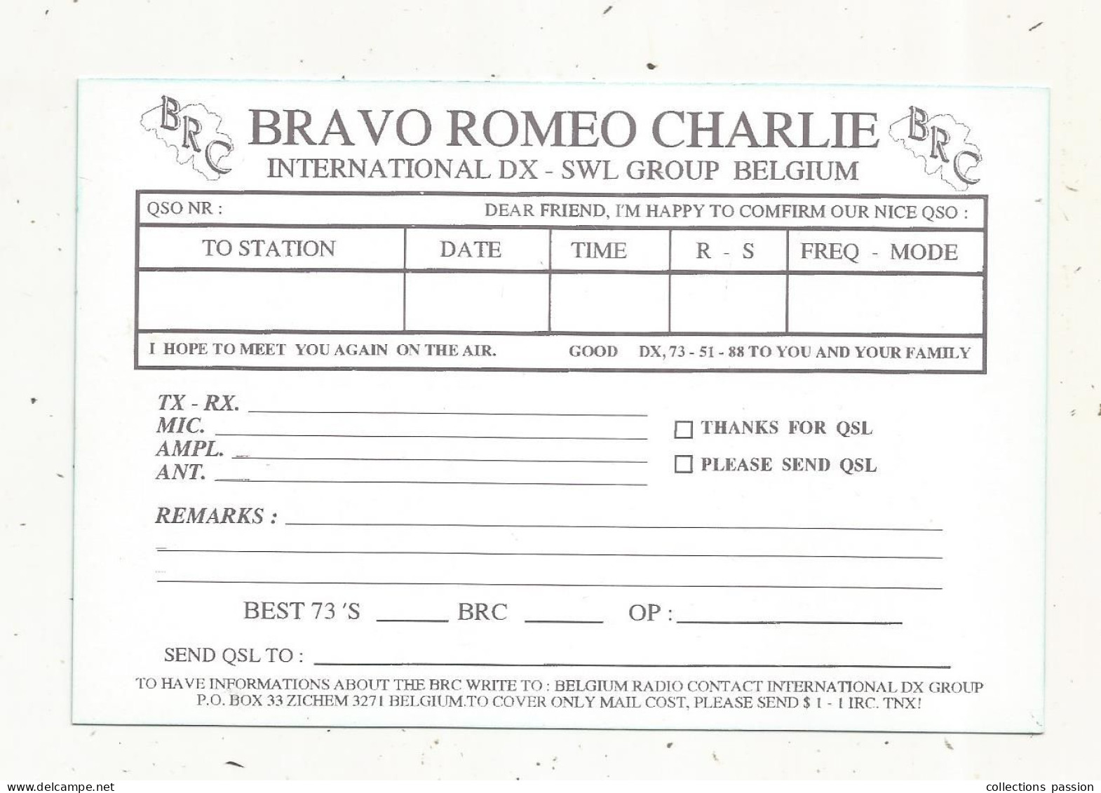 Cp , Carte QSL,  BRAVO ROMEO CHARLIE, International DX - SWL Group Belgium, Dauphin, 2 Scans - Radio Amatoriale