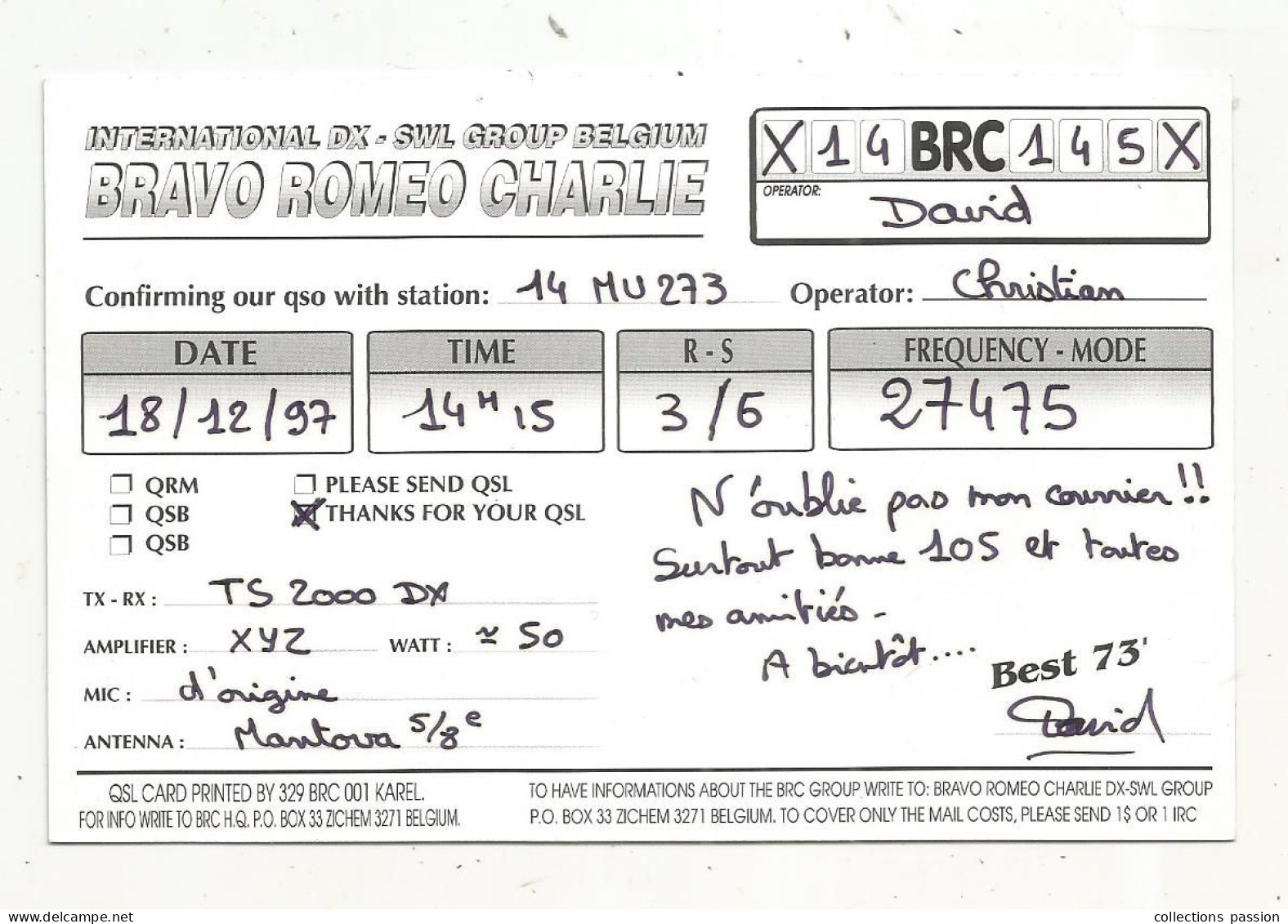 Cp , Carte QSL,  BRAVO ROMEO CHARLIE, International DX - SWL Group Belgium, Biche ,cerf,1997, 2 Scans - Radio Amatoriale