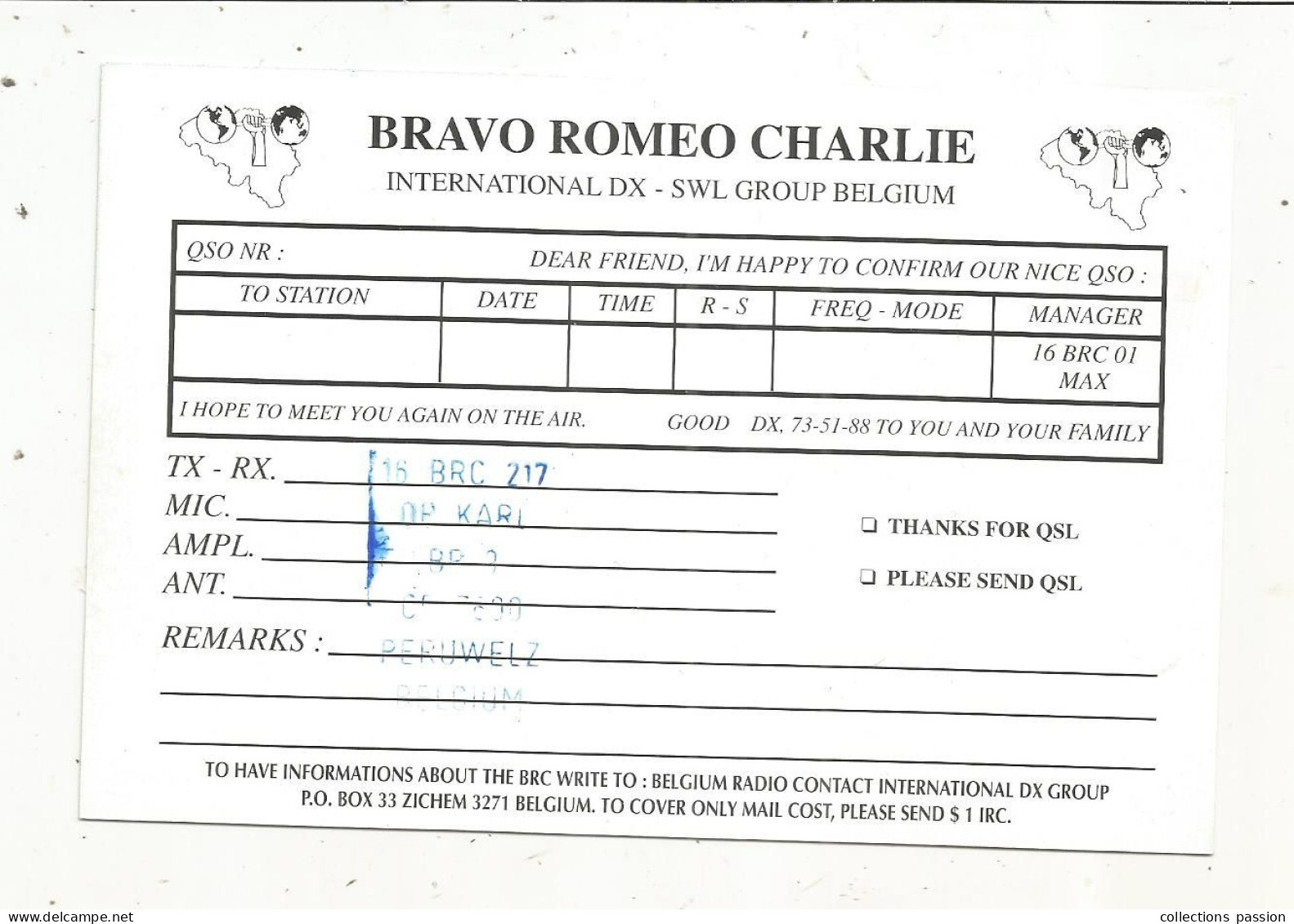 Cp , Carte QSL,  BRAVO ROMEO CHARLIE, International DX - SWL Group Belgium, Bébé Phoque, 2 Scans - Radio Amateur