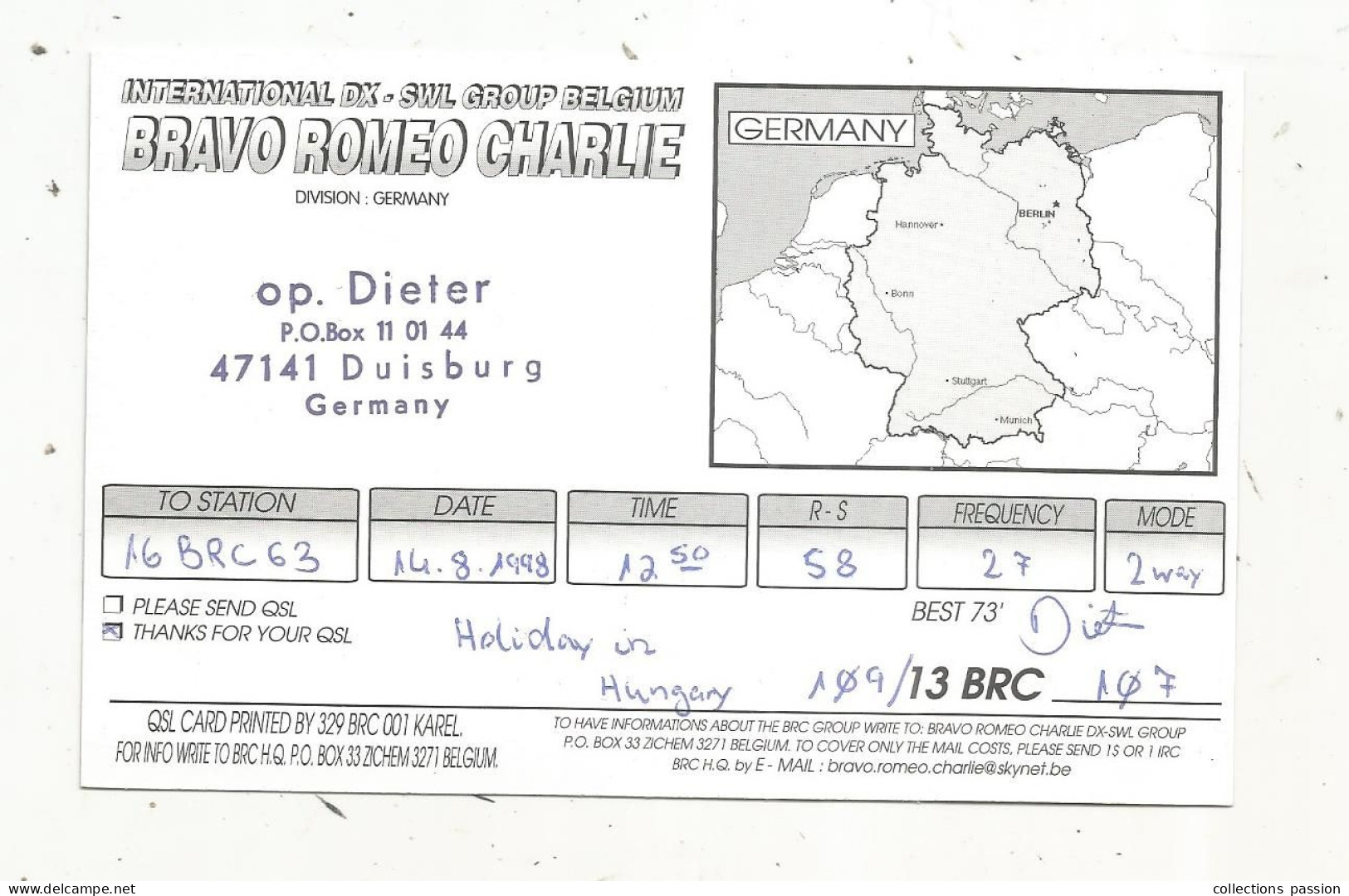 Cp , Carte QSL,  BRAVO ROMEO CHARLIE, International DX - SWL Group Belgium, Germany , Blasons, 2 Scans - Radio Amatoriale