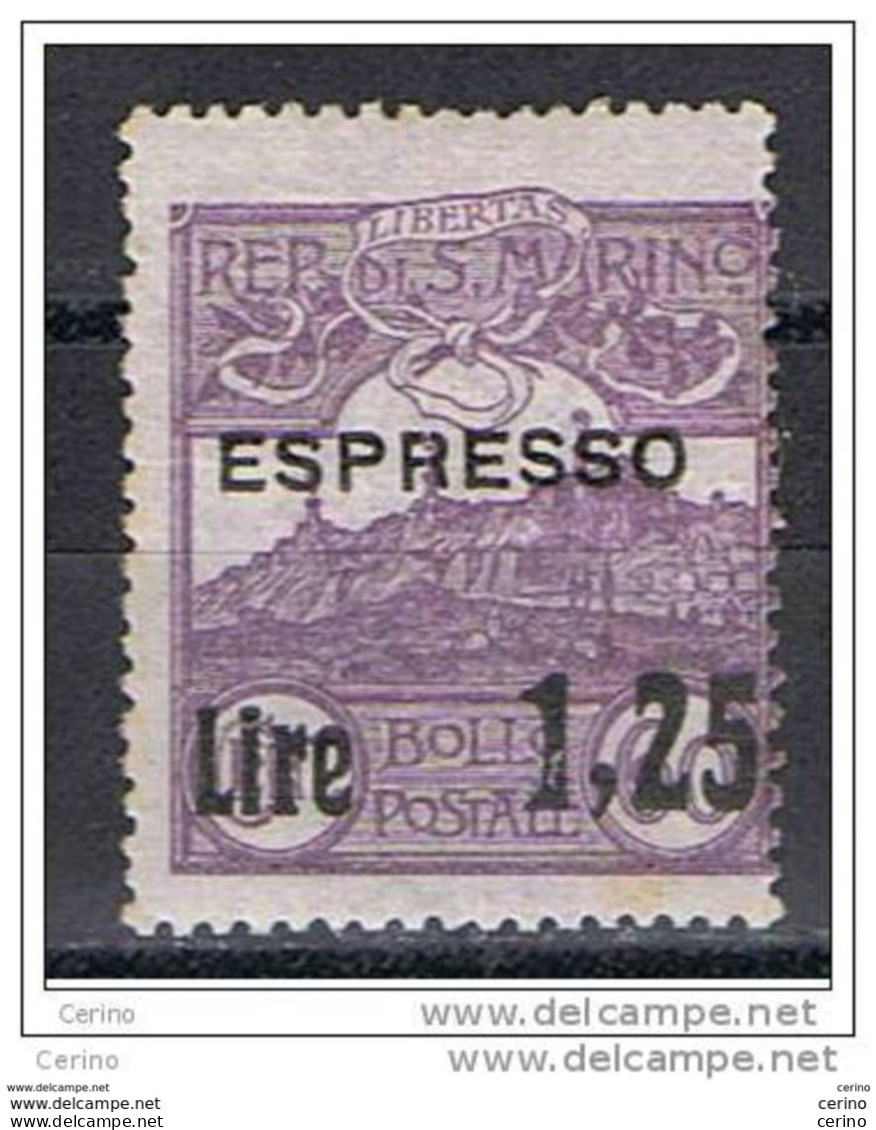 SAN  MARINO:  1923  EX. PRO  C.R.I.  SOPRASTAMPATO  -  £. 1,25/60 C. VIOLETTO  N. -  SASS. 5 - Francobolli Per Espresso