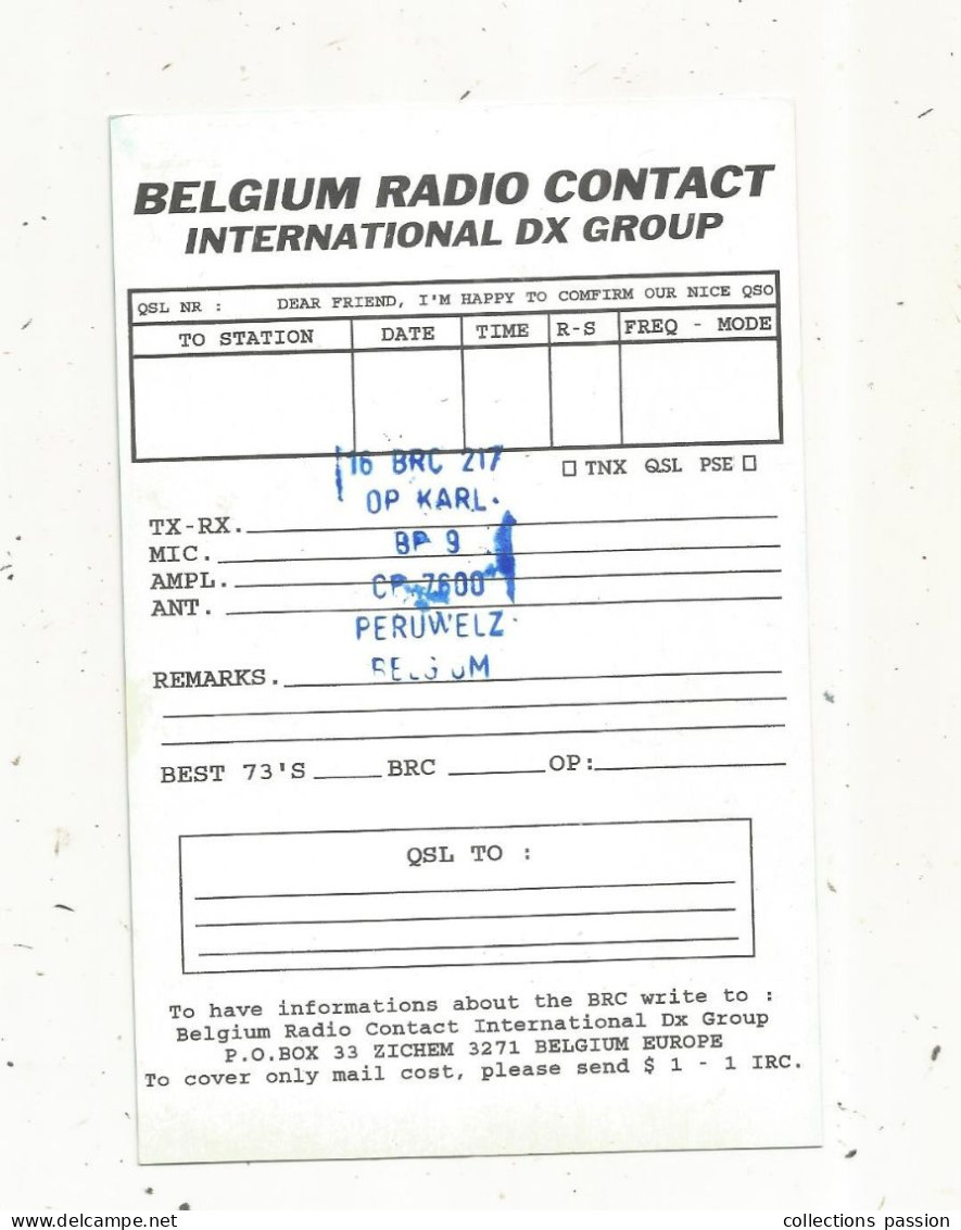 Cp , Carte QSL,  BRAVO ROMEO CHARLIE, International DX  Group Belgium, Manneke Pis, 2 Scans - Radio Amateur