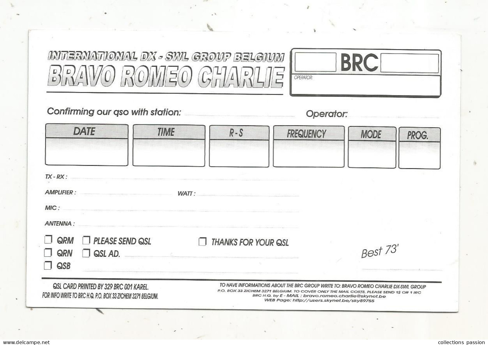 Cp , Carte QSL,  BRAVO ROMEO CHARLIE, International DX - SWL Group Belgium, Drapeaux ,Europe, 2 Scans - Radio Amateur