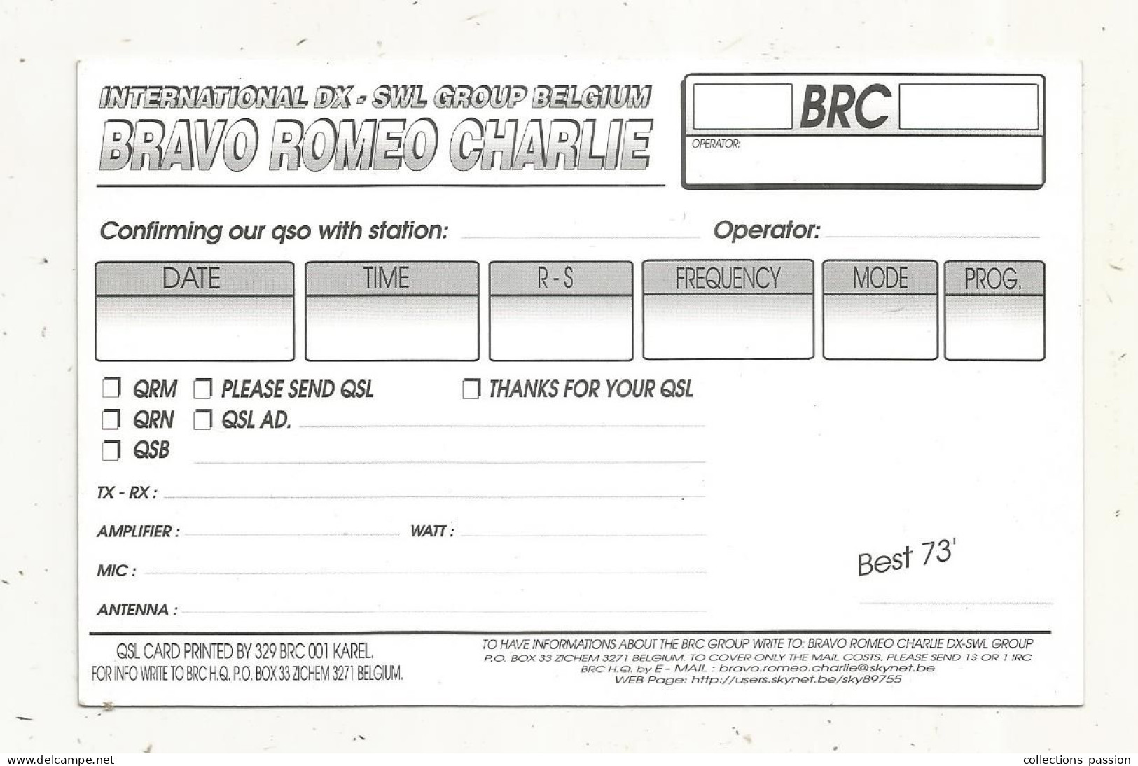 Cp , Carte QSL,  BRAVO ROMEO CHARLIE, International DX - SWL Group Belgium, Europe, 2 Scans - Radio Amateur