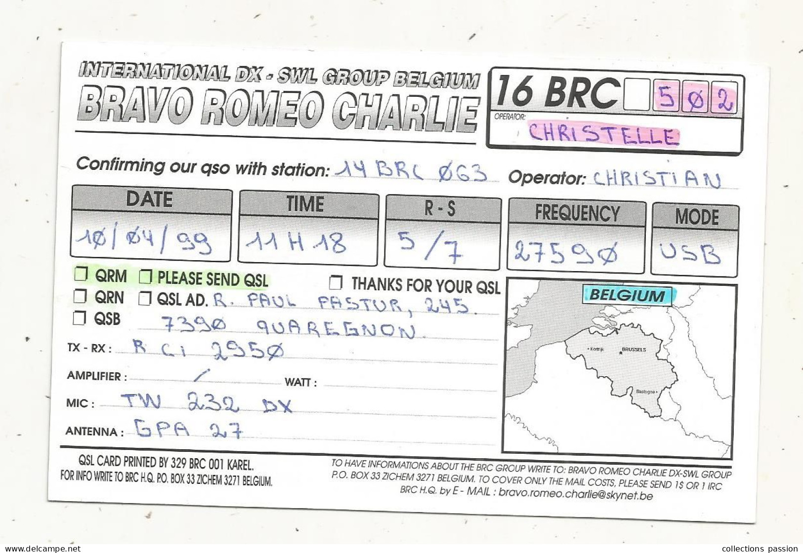 Cp , Carte QSL,  BRAVO ROMEO CHARLIE, International DX - SWL Group Belgium, Drapeau Belge, 2 Scans - Radio Amateur