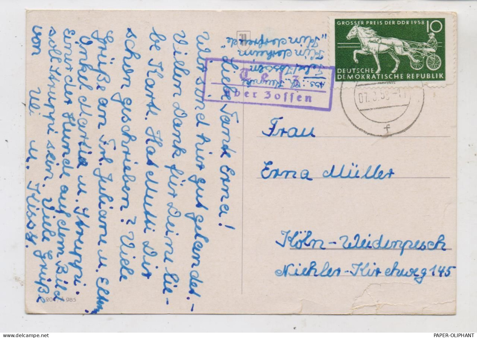 0-1606 MITTENWALDE - TELZ, Postgeschichte, Landpoststempel "Telz über Zossen", 1953,  Einriss Am Unterrand - Mittenwalde