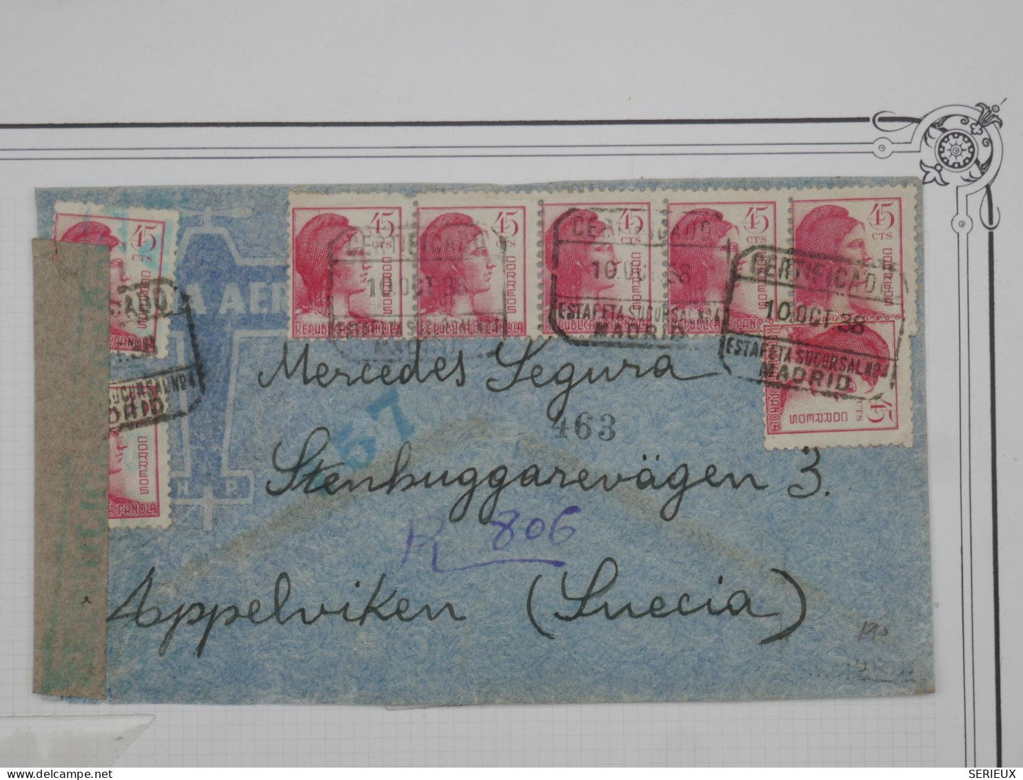 AS 18 ESPANA  BELLE  LETTRE CENSURA RRR 1938  RARE DESTINATION SUEDE APPELVIKEN + BANDE 5  TP+ +AFFR.  INTERESSANT++ - Nationalistische Censuur