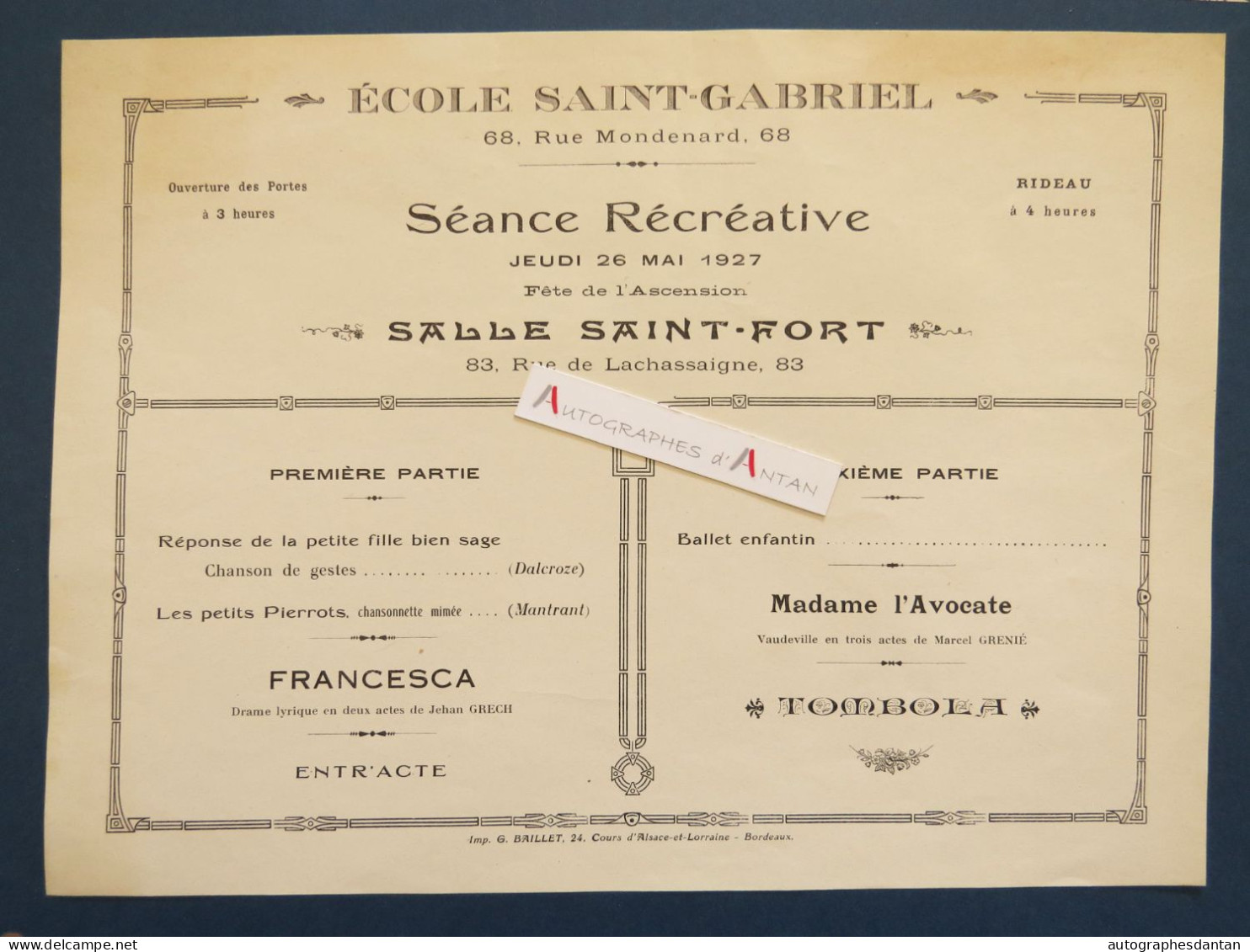 ● BORDEAUX Ecole Saint Gabriel 68 Rue Mondenard - Vieux Papier 1927 - Séance Récréative Salle Saint Fort - Théâtre - Programmes