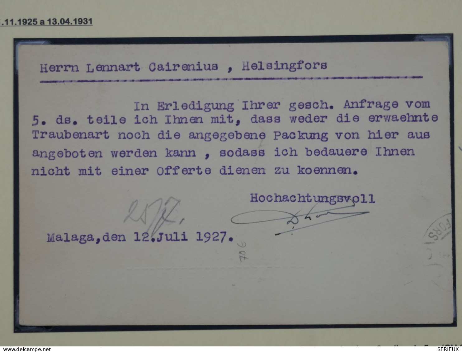 AS 18 ESPANA  BELLE  CARTE ENTIER RR 1938 MALAGA  RARE DESTINATION FINLANDE HELSINGFORS TP+ +AFFR.  INTERESSANT++ - Autres & Non Classés