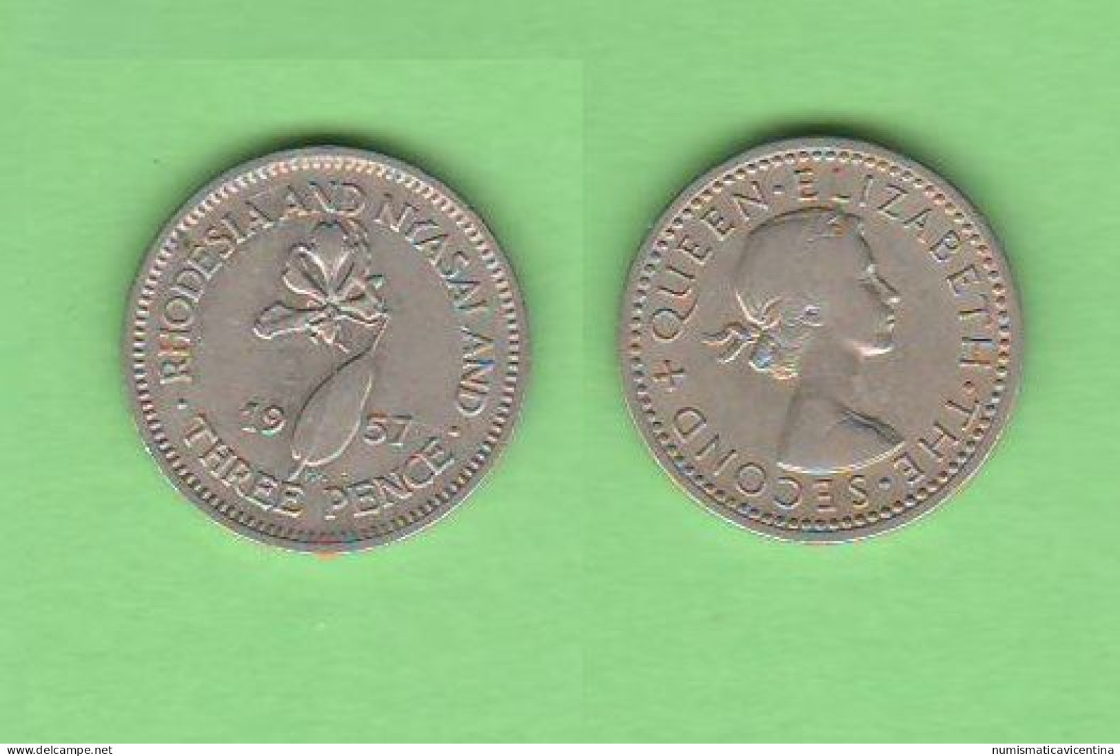 Rhodesia & Nasyland 3 Three Pence 1957 Queen Elizabeth Nickel Coin Flame Lily - Rhodesië