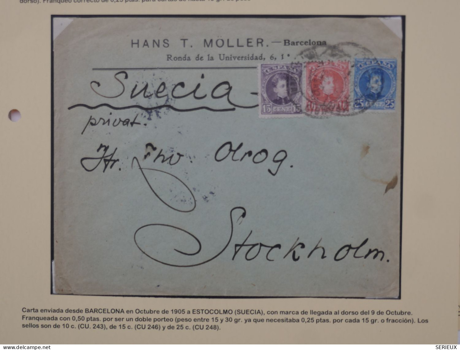 AS 18 ESPANA  BELLE  LETTRE  RR 1905 BARCELONA  RARE DESTINATION STOKHOLM SUEDE +  +AFFR. INTERESSANT++ - Cartas & Documentos