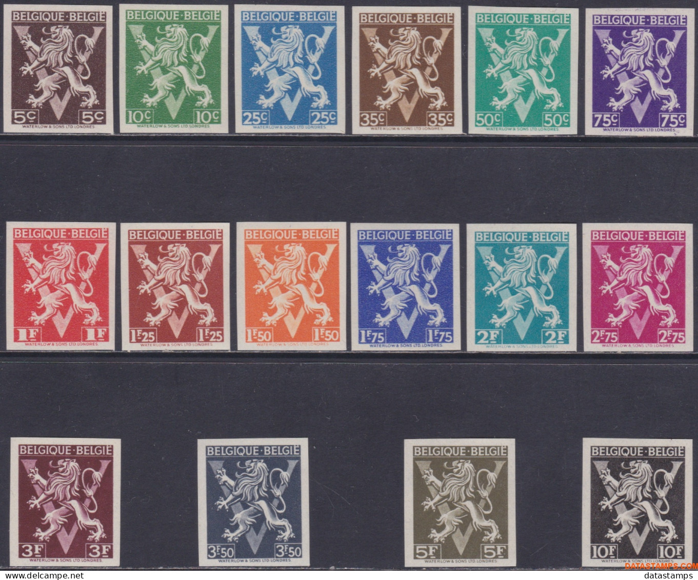 België 1944 - Mi:692 I/707 I, Yv:674/689, OBP:674/689, Stamp - □ - Heraldic Lion Large V - 1941-1960