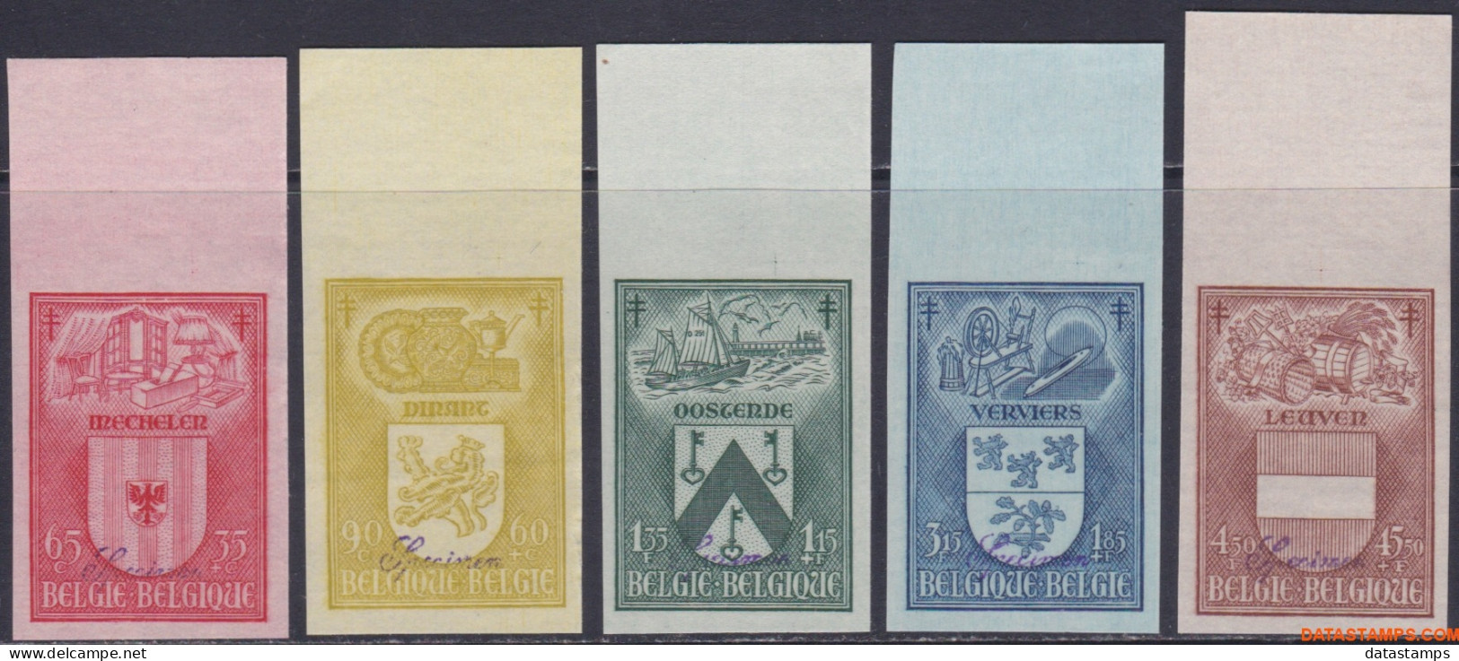 België 1946 - Mi:776/780, Yv:743/747, OBP:743/747, Stamp - □ - Antituberculose Belgian Cities I - 1941-1960