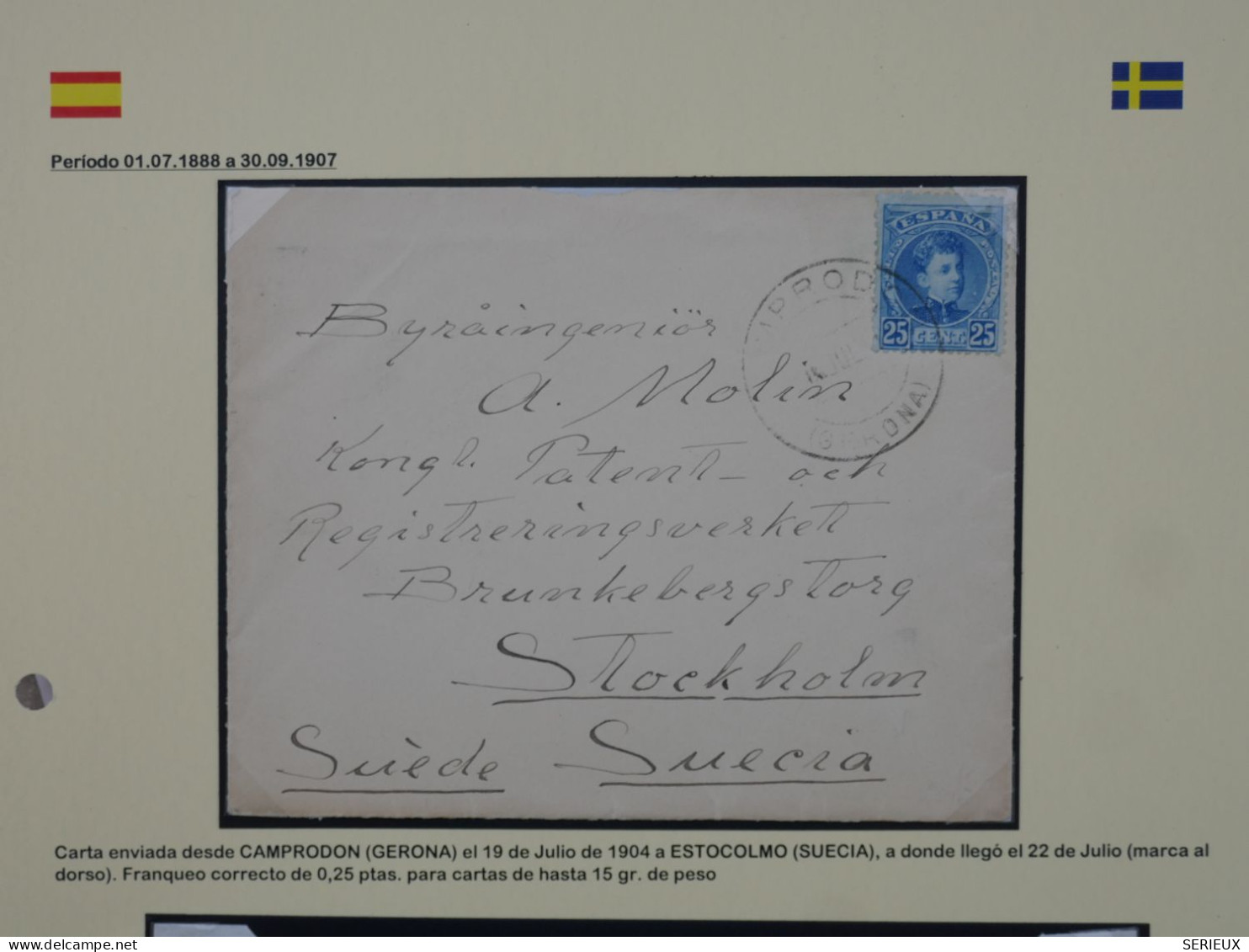 AS 18 ESPANA  BELLE  LETTRE  RR 1904 COMPRODON BARCELONA  RARE DESTINATION STOKHOLM SUEDE +  +AFFR. INTERESSANT++ - Covers & Documents