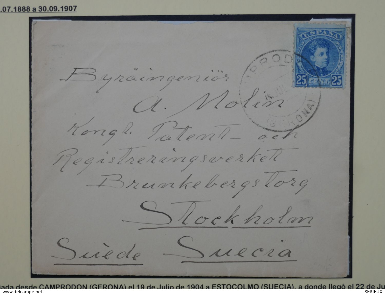 AS 18 ESPANA  BELLE  LETTRE  RR 1904 COMPRODON BARCELONA  RARE DESTINATION STOKHOLM SUEDE +  +AFFR. INTERESSANT++ - Briefe U. Dokumente