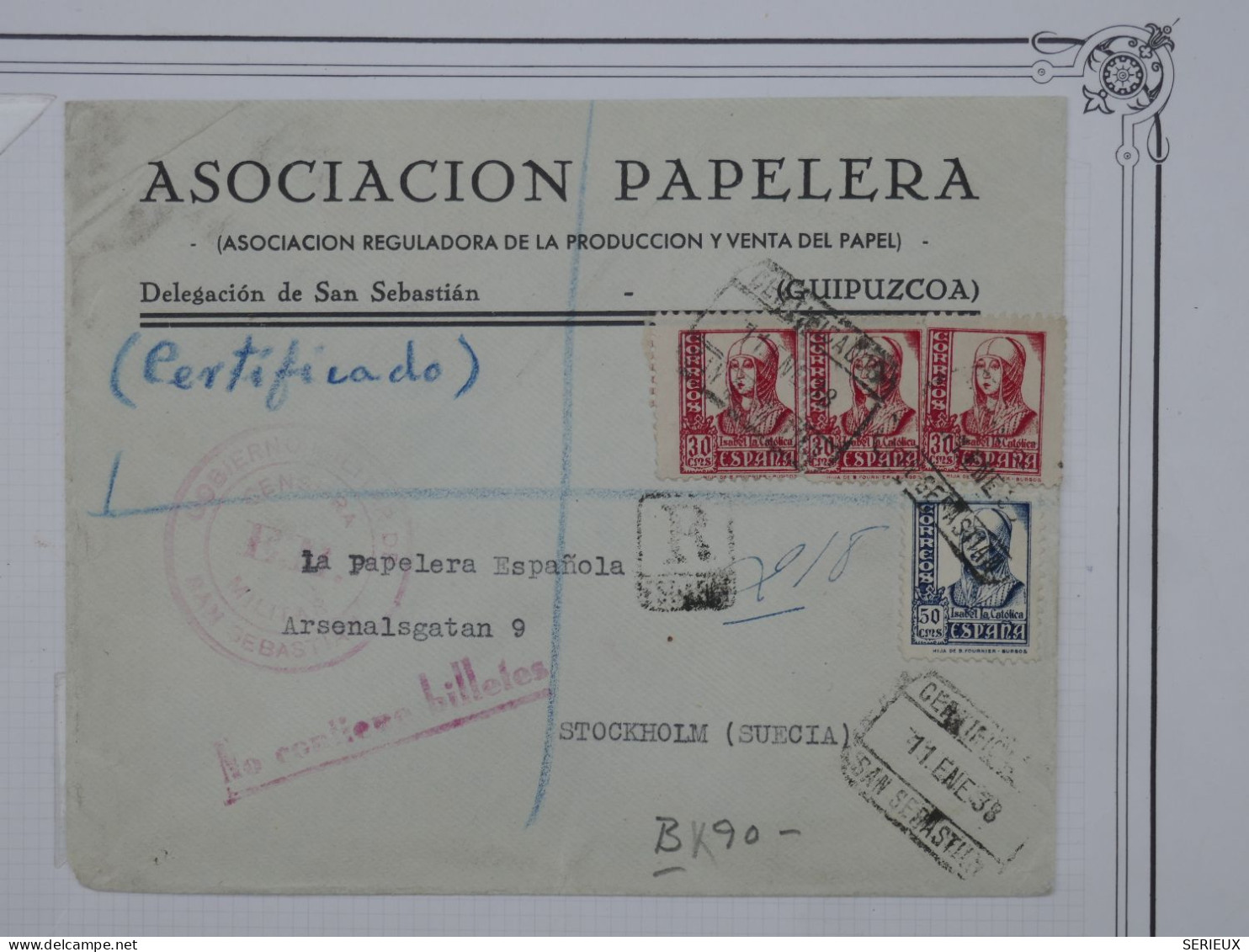 AS 18 ESPANA  BELLE  LETTRE CENSURA RRR 1938  RARE DESTINATION SUEDE  STOCKHOLM  + BANDE 3  TP+ +AFFR.  INTERESSANT++ - Nationalistische Censuur