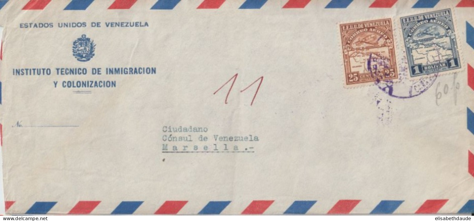 VENEZUELA - 1941 - PERFORES / PERFIN "G.N" ! TIMBRES SERVICE / ENV. De CARACAS (VOIR VERSO !) => CONSULAT De MARSEILLE - Venezuela