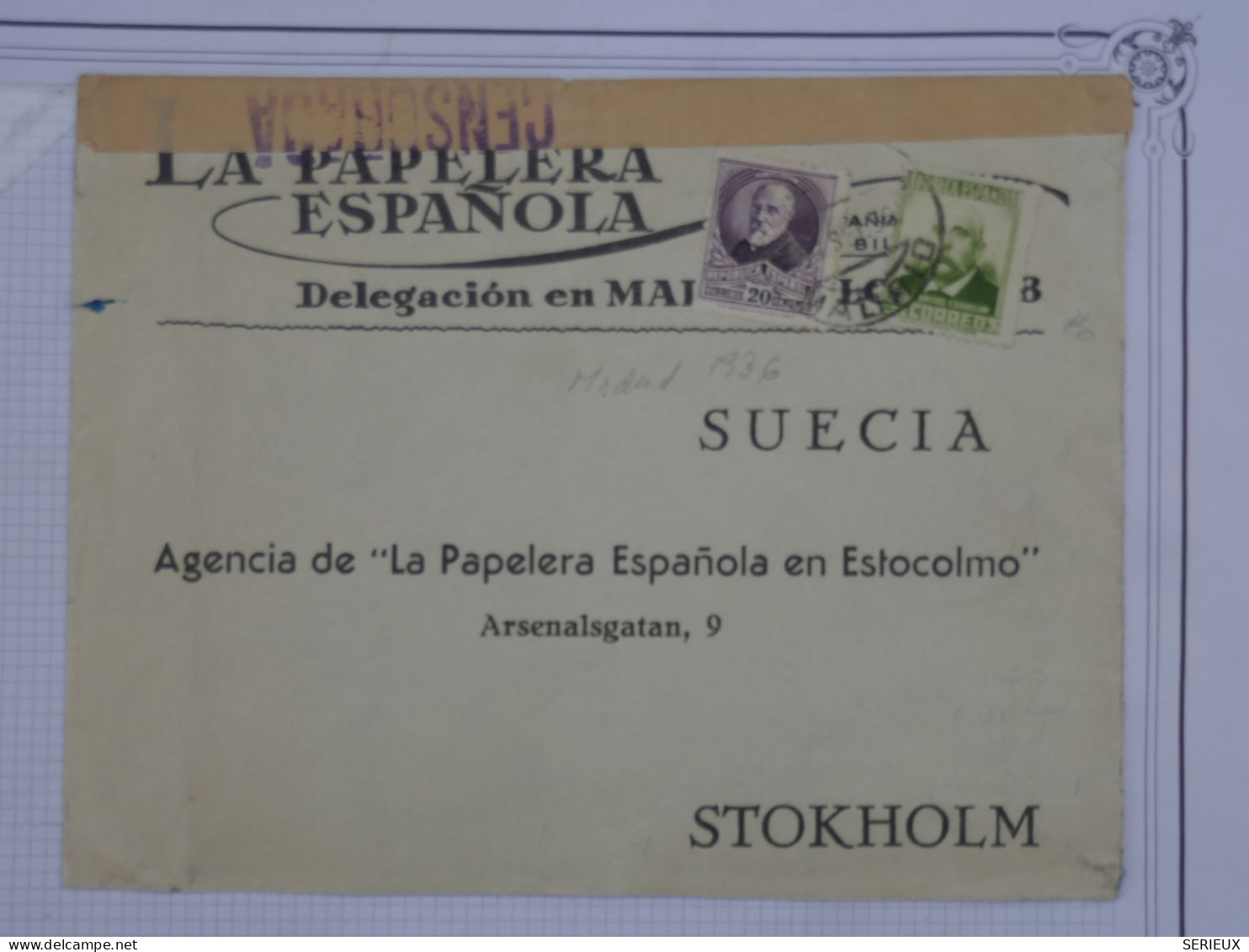 AS 18 ESPANA BELLE LETTRE CENSURADA RRR 1926 MADRID  RARE DESTINATION SUEDE STOKHOLM  + BANDE 3 TP+ +AFFR. INTERESSANT++ - Briefe U. Dokumente