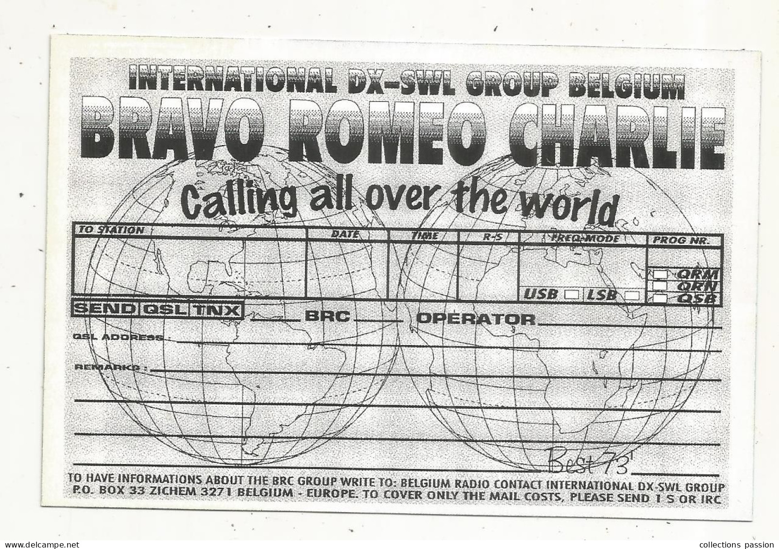 Cp , Carte QSL,  BRAVO ROMEO CHARLIE, International DX - SWL Group Belgium, ARCHE DE LA DEFENSE ,France,  2 Scans - Radio Amateur